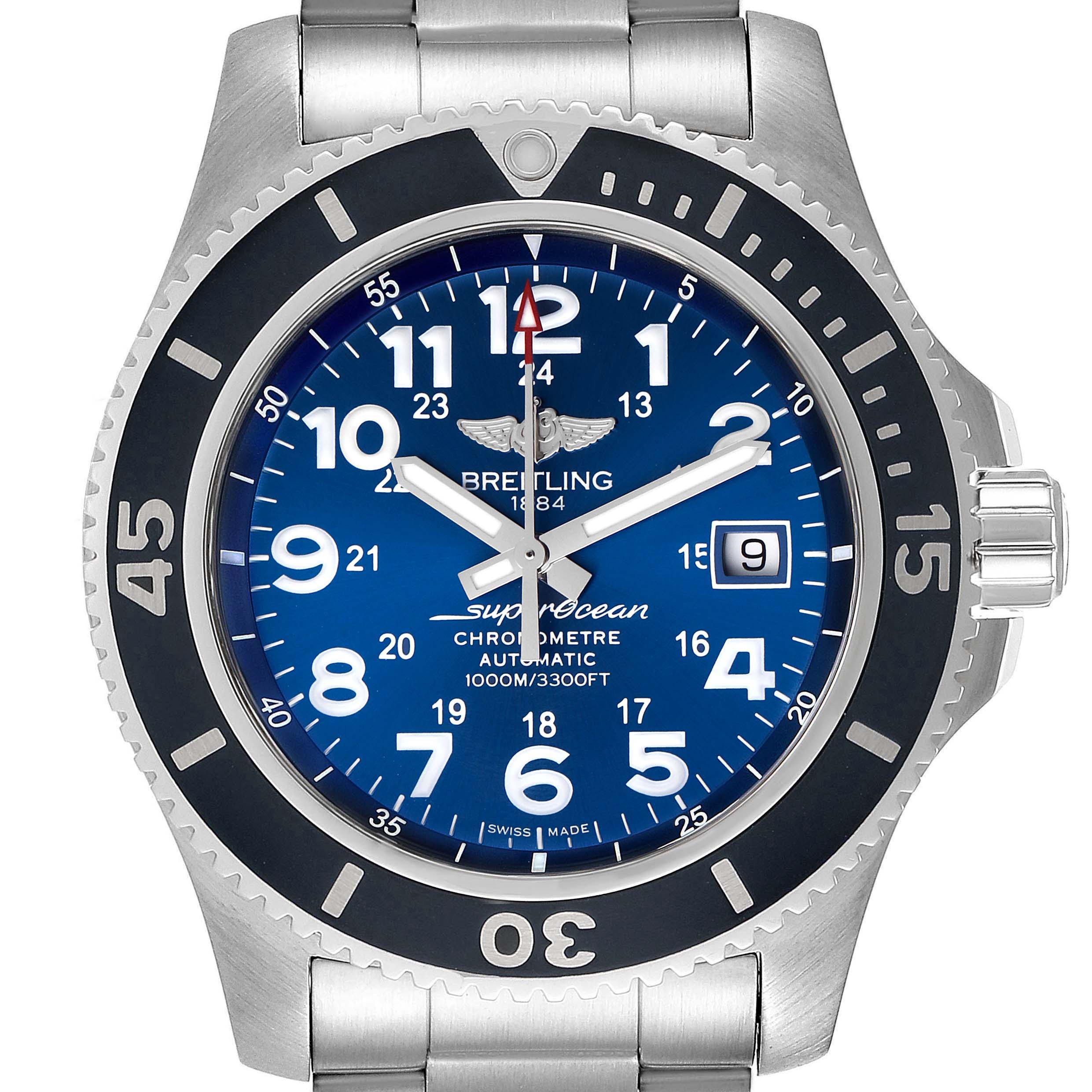 The image shows a front view of a Breitling Superocean A17392D8/C910 Men's Stainless Steel Blue Dial A17392D8/C910 Men's Stainless Steel Blue Dial watch, highlighting its blue dial, bezel, and steel bracelet.