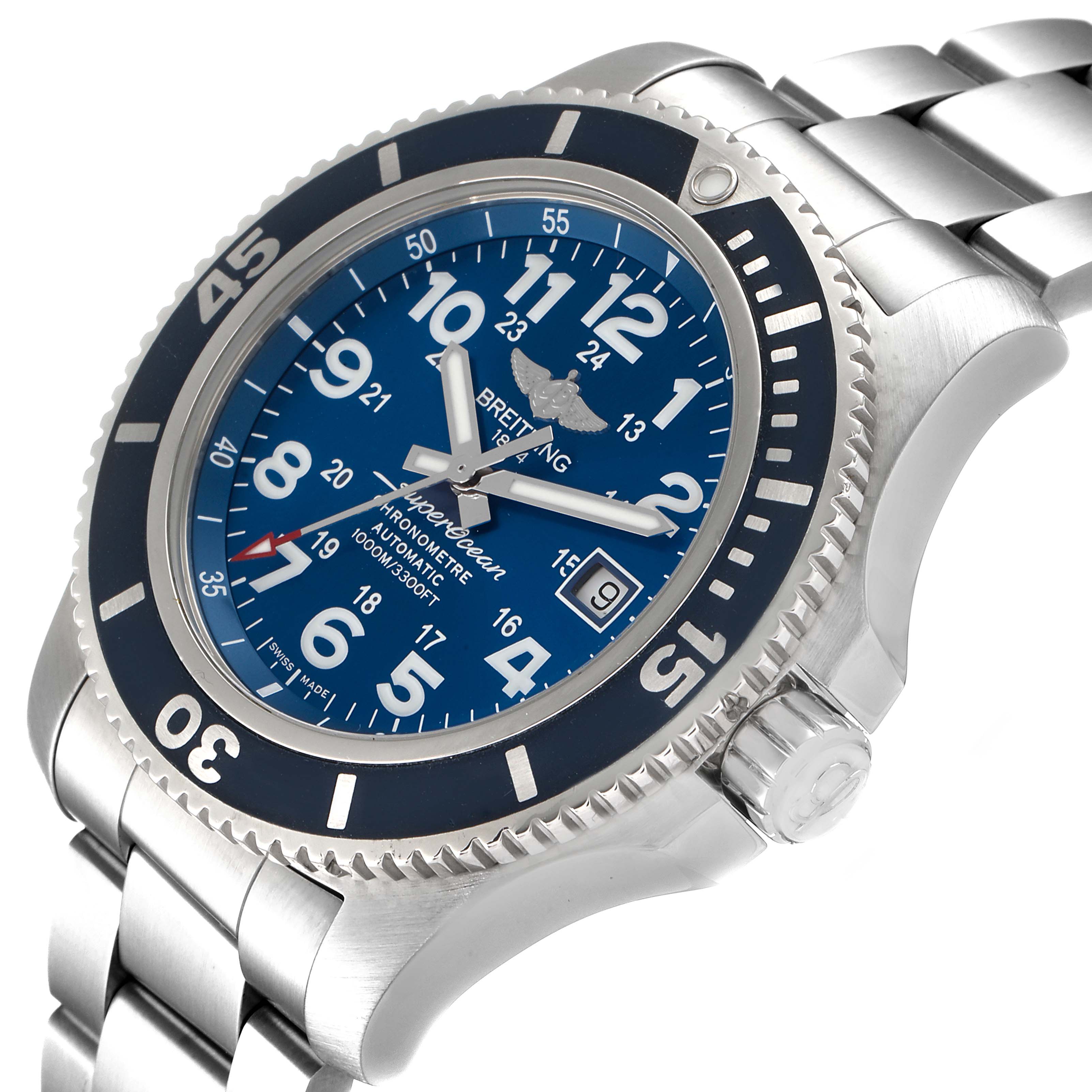 The image shows a side angle of a Breitling Superocean A17392D8/C910 Men's Stainless Steel Blue Dial A17392D8/C910 Men's Stainless Steel Blue Dial watch featuring the dial, bezel, and part of the bracelet.