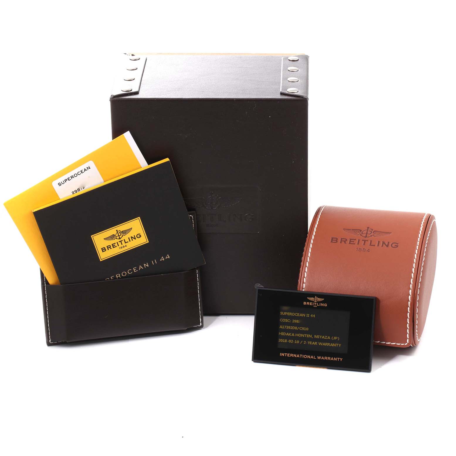 The image shows the packaging, manuals, warranty card, and watch case for the Breitling Superocean A17392D8/C910 Men's Stainless Steel Blue Dial A17392D8/C910 Men's Stainless Steel Blue Dial model.