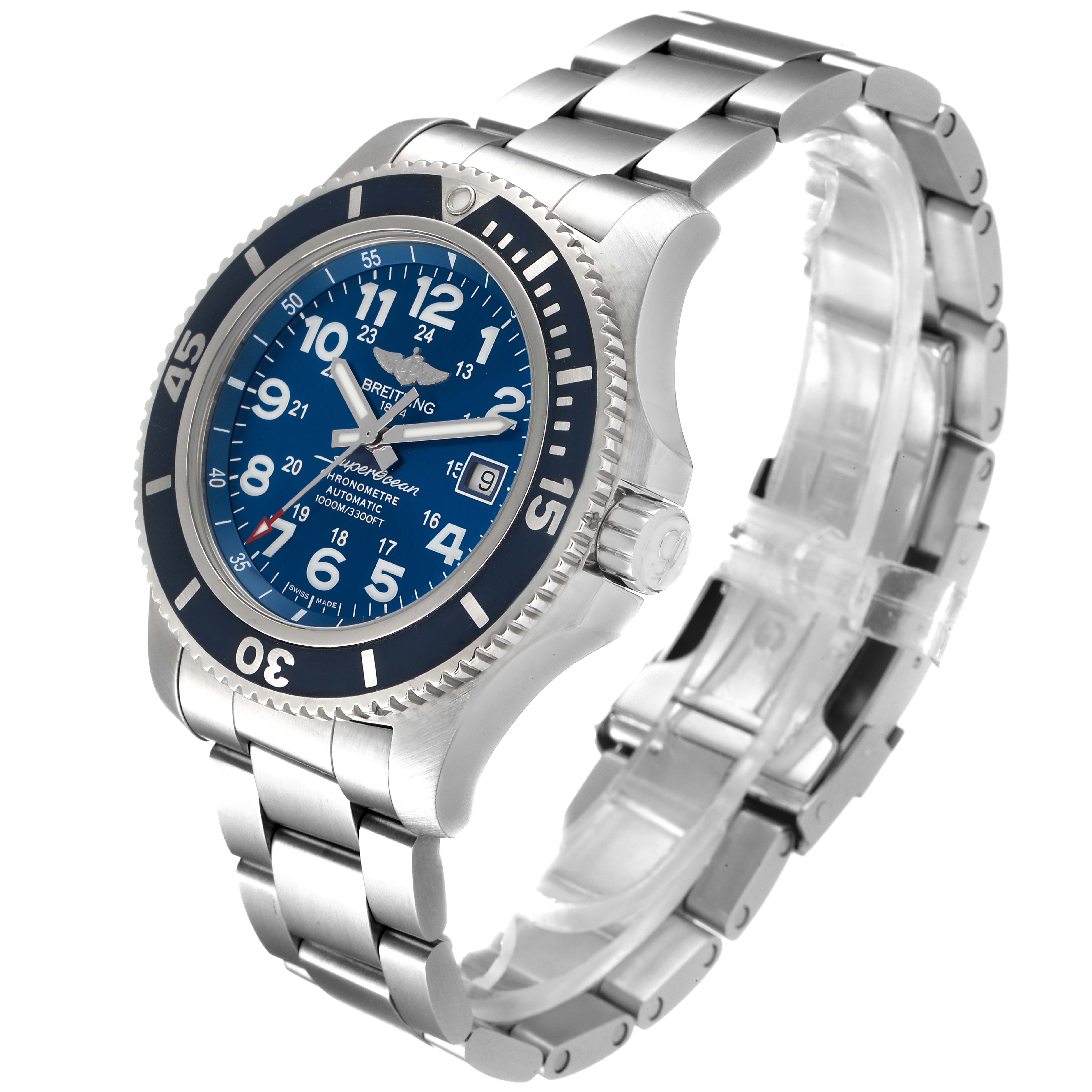 The Breitling Superocean A17392D8/C910 Men's Stainless Steel Blue Dial A17392D8/C910 Men's Stainless Steel Blue Dial watch is shown at a three-quarter angle, highlighting the face, bezel, crown, and stainless steel bracelet.