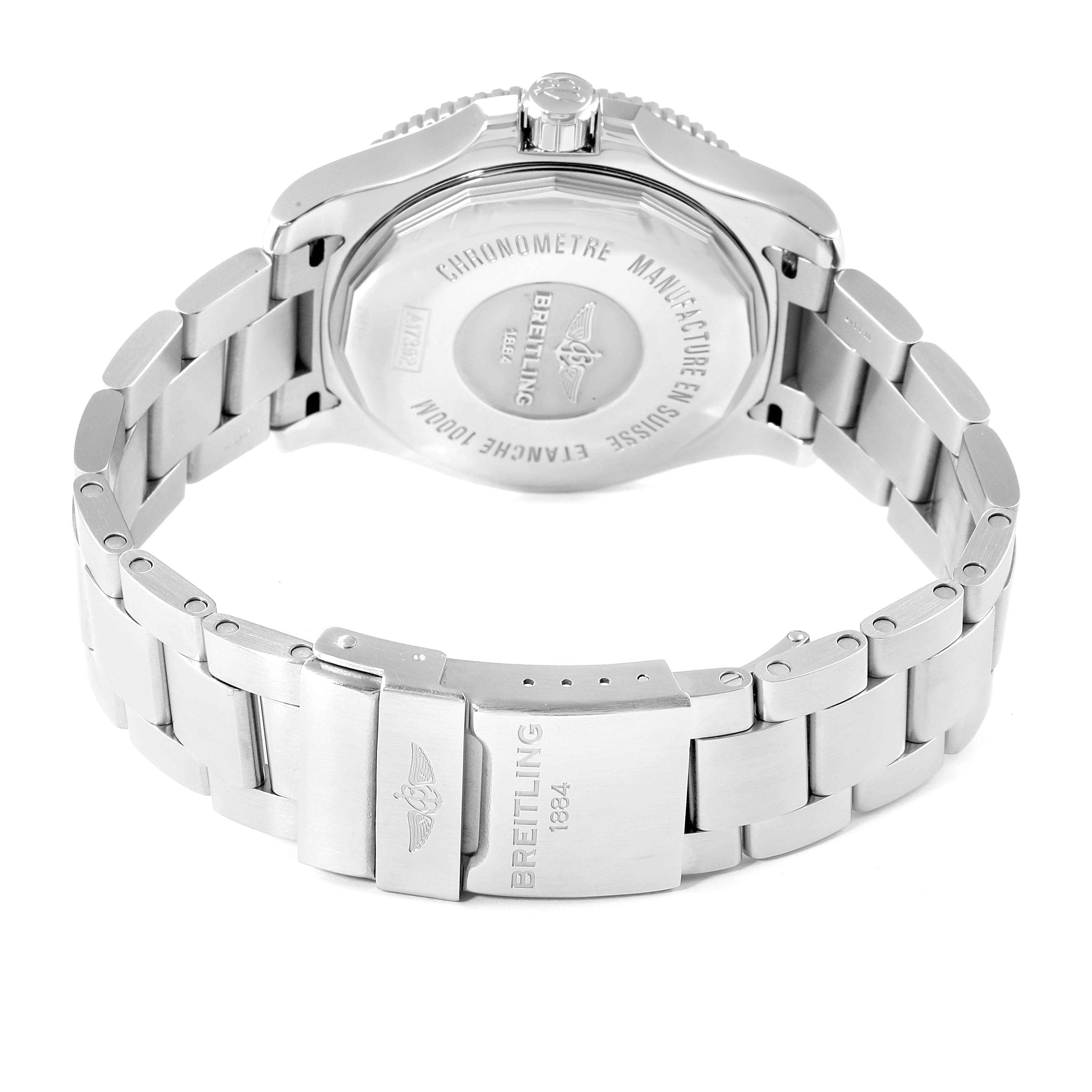 The image shows the back and bracelet of a Breitling Superocean A17392D8/C910 Men's Stainless Steel Blue Dial A17392D8/C910 Men's Stainless Steel Blue Dial watch, highlighting the clasp and case back.