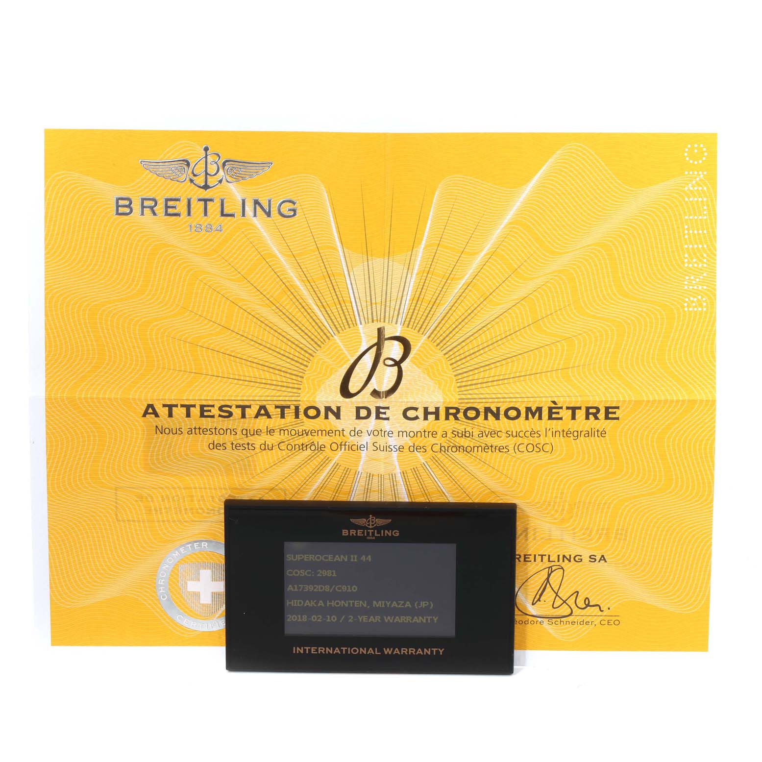 The image shows warranty paperwork and certification for a Breitling Superocean A17392D8/C910 Men's Stainless Steel Blue Dial A17392D8/C910 Men's Stainless Steel Blue Dial watch, with no watch visible.