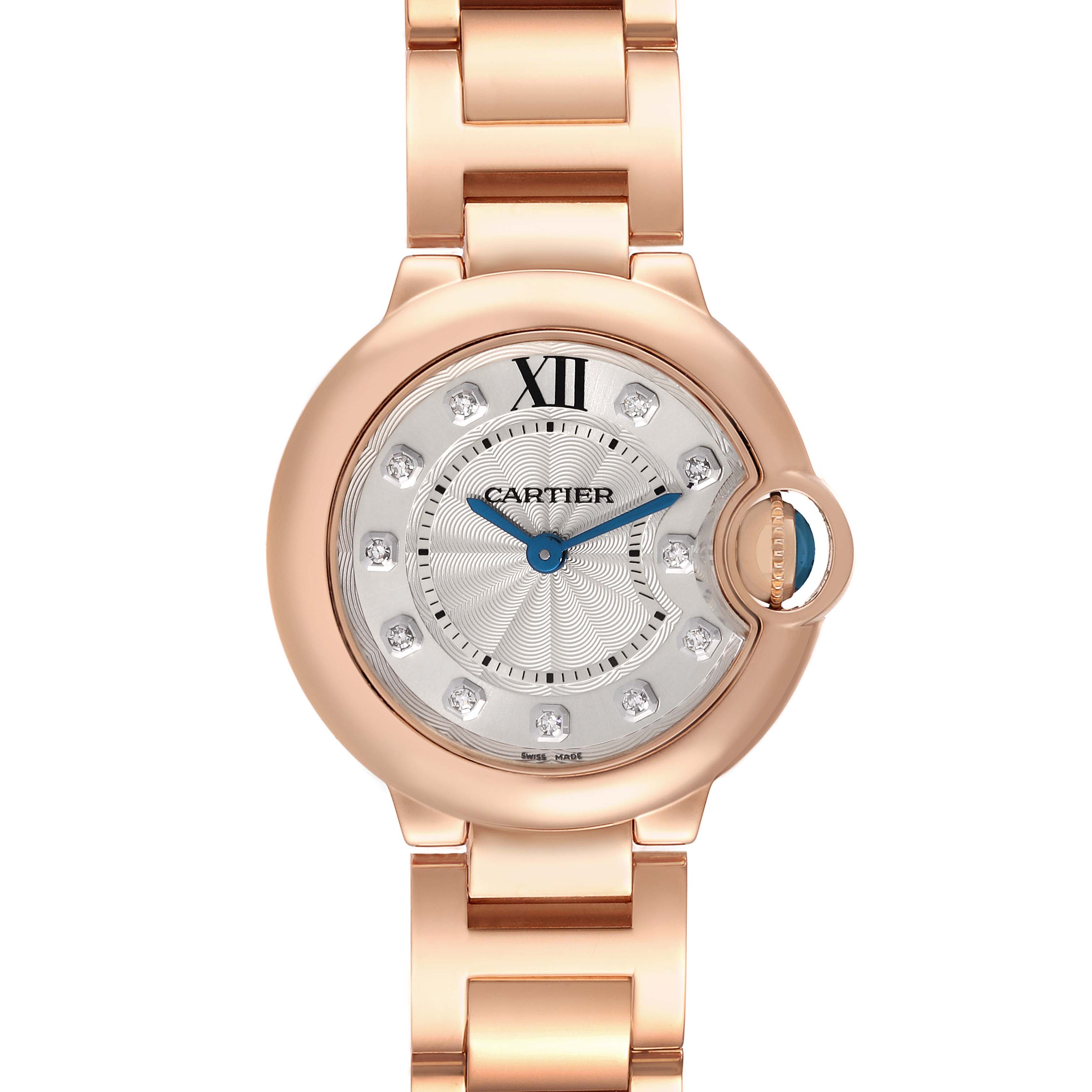 The image shows a front view of the Cartier Ballon Bleu WE902025 Women's Rose Gold Silver Dial WE902025 Women's Rose Gold Silver Dial watch, including its dial, bracelet, and crown.
