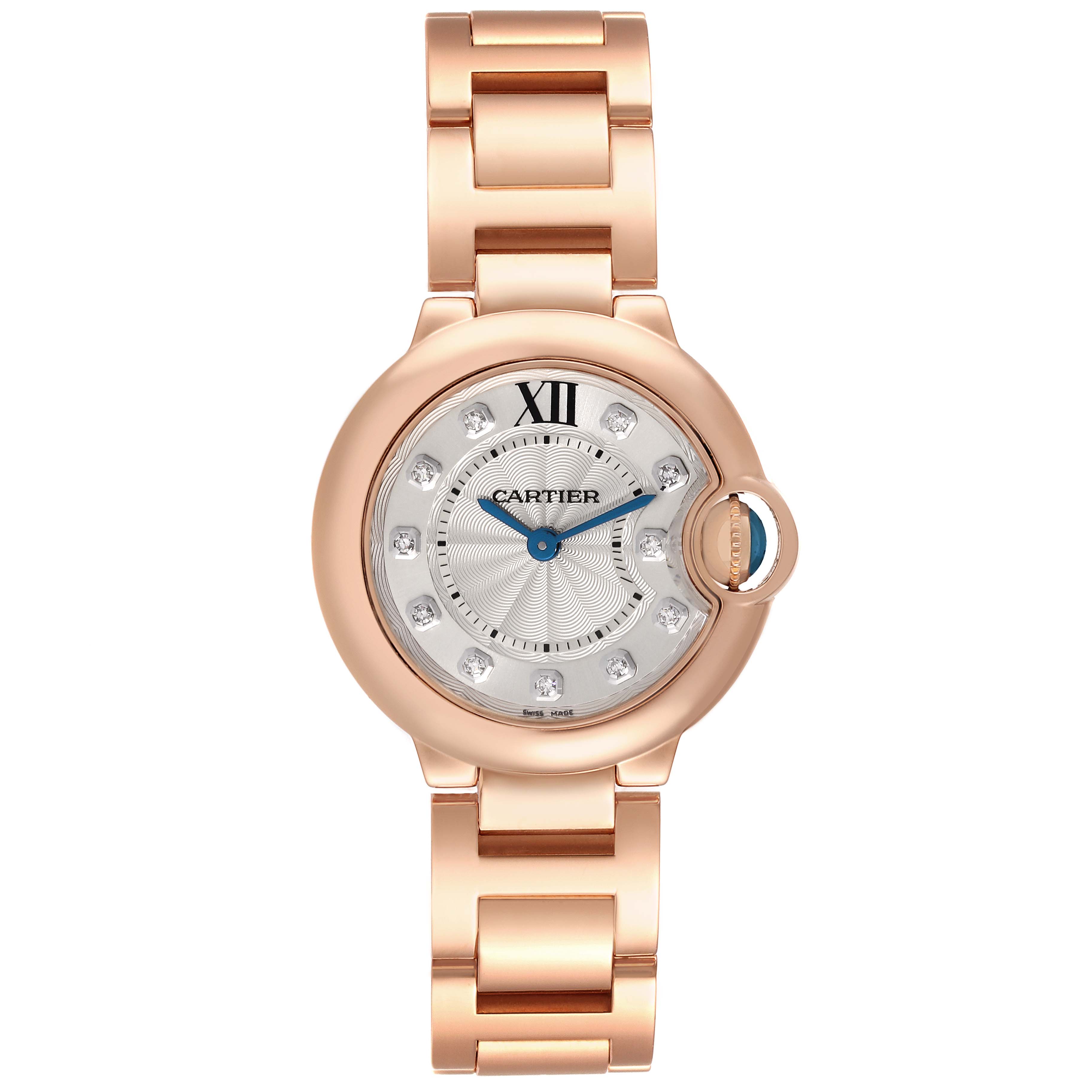 The image shows a top view of a Cartier Ballon Bleu WE902025 Women's Rose Gold Silver Dial WE902025 Women's Rose Gold Silver Dial watch showcasing its face, rose gold case, and matching bracelet.