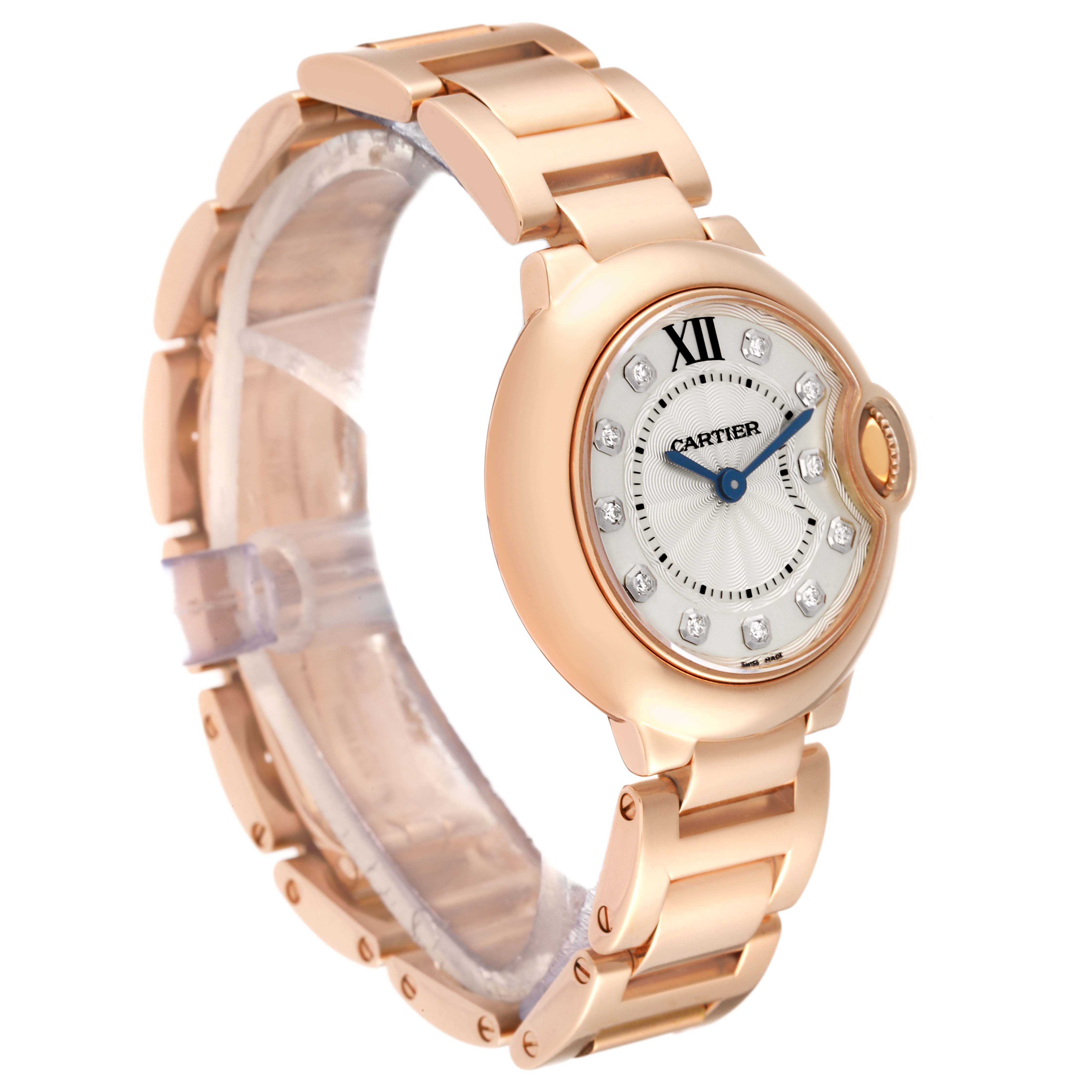 This image shows a side-angle view of the Ballon Bleu de Cartier watch, highlighting its face, bracelet, and crown.