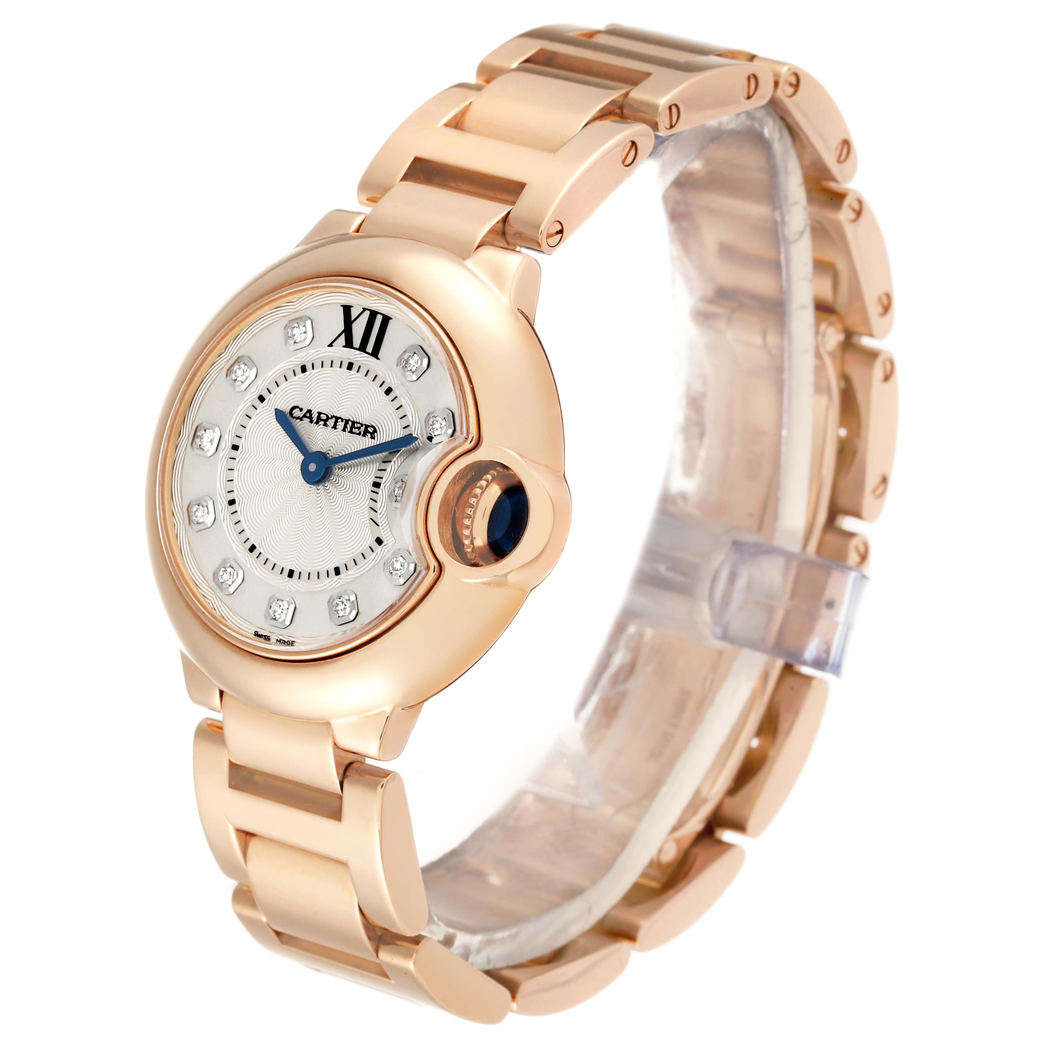 This image shows a side-angle view of the Cartier Ballon Bleu WE902025 Women's Rose Gold Silver Dial WE902025 Women's Rose Gold Silver Dial watch, featuring its bracelet, dial, and crown.