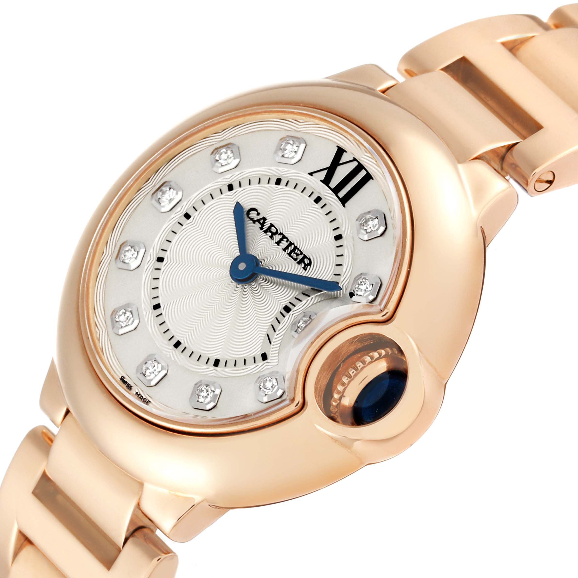 The Cartier Ballon Bleu WE902025 Women's Rose Gold Silver Dial WE902025 Women's Rose Gold Silver Dial watch is shown at a slight angle, highlighting its dial, hands, crown, and part of the bracelet.