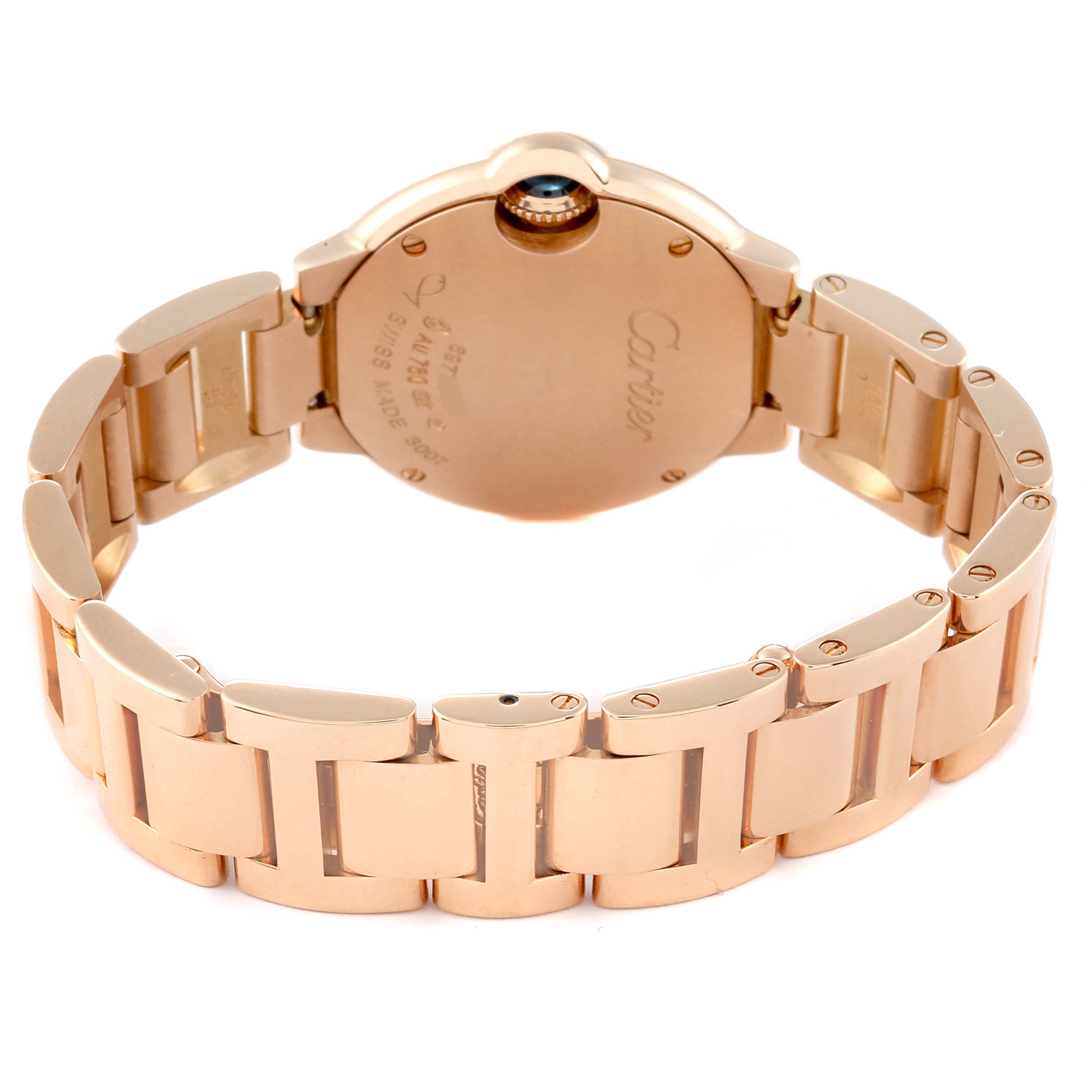 The image shows the back view of the Cartier Ballon Bleu WE902025 Women's Rose Gold Silver Dial WE902025 Women's Rose Gold Silver Dial watch, highlighting its gold bracelet and caseback.