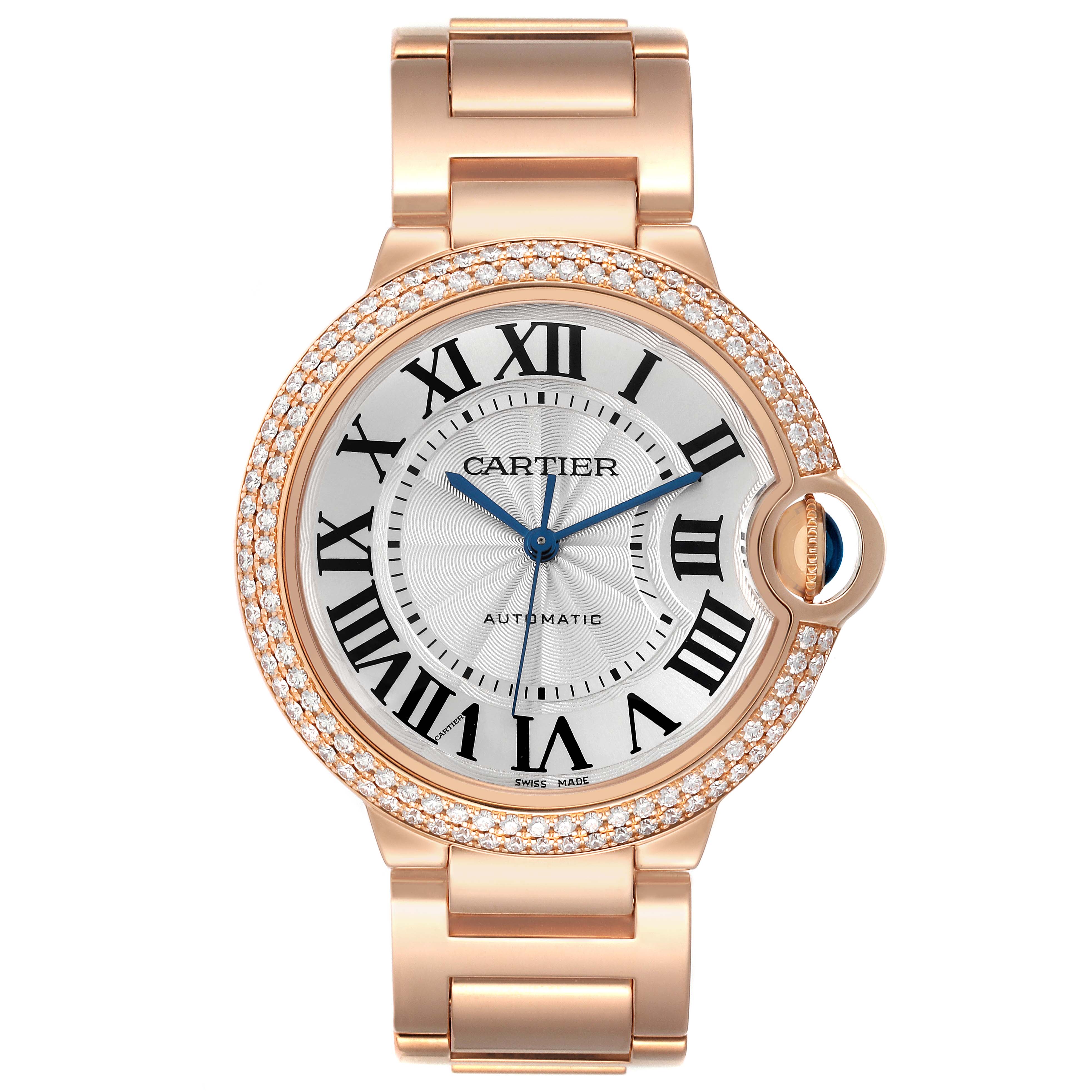 This image shows the Cartier Ballon Bleu WE9005Z3 Men's Rose Gold Silver Dial WE9005Z3 Men's Rose Gold Silver Dial watch from a front view, displaying the face, bezel, and part of the bracelet.