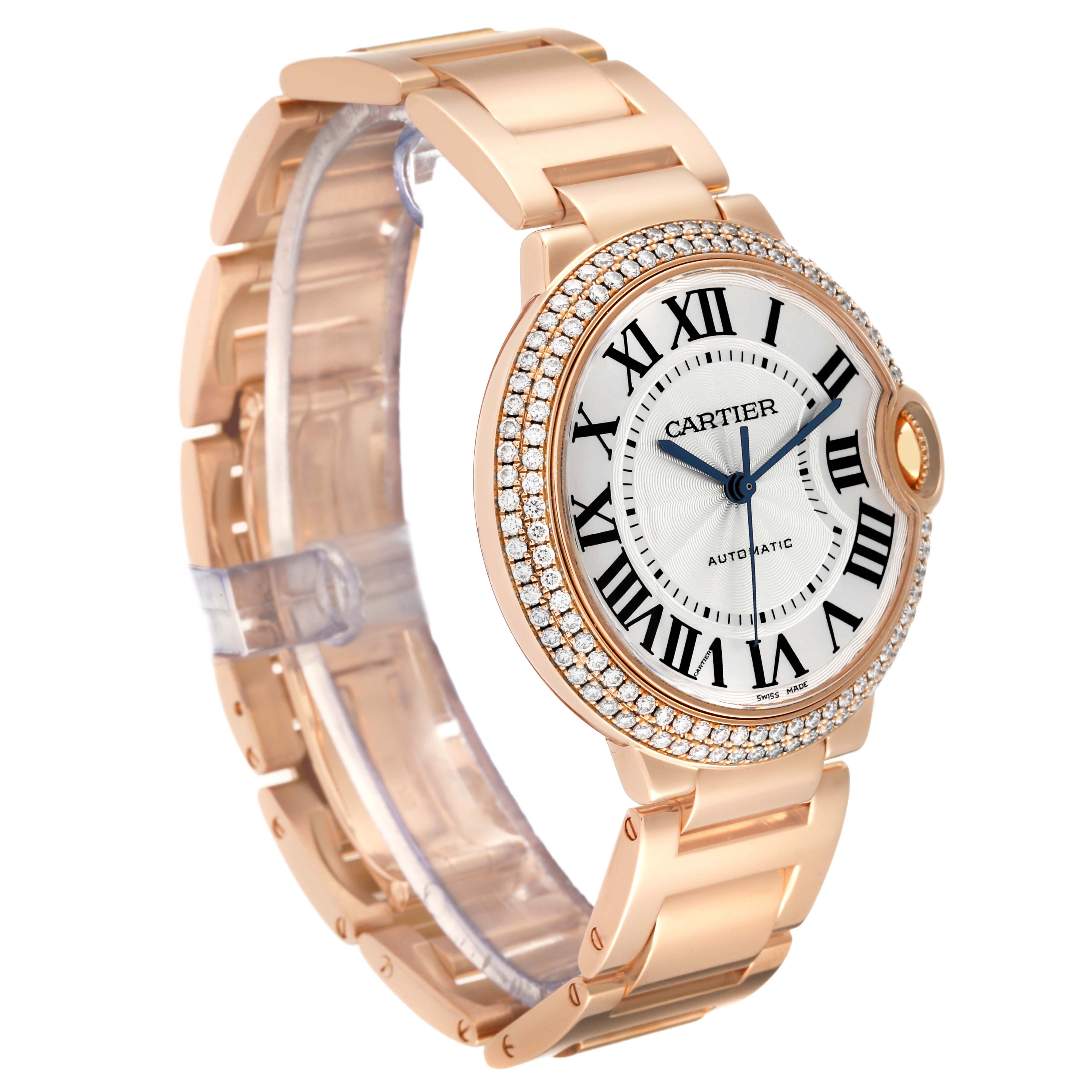 The Cartier Ballon Bleu WE9005Z3 Men's Rose Gold Silver Dial WE9005Z3 Men's Rose Gold Silver Dial watch is shown at a three-quarter angle, displaying its dial, bezel, and bracelet.