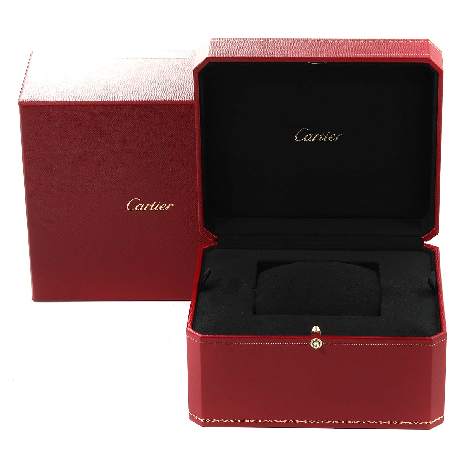 The image shows an open, empty red Cartier watch box for the Ballon Bleu model, along with its cover beside it.
