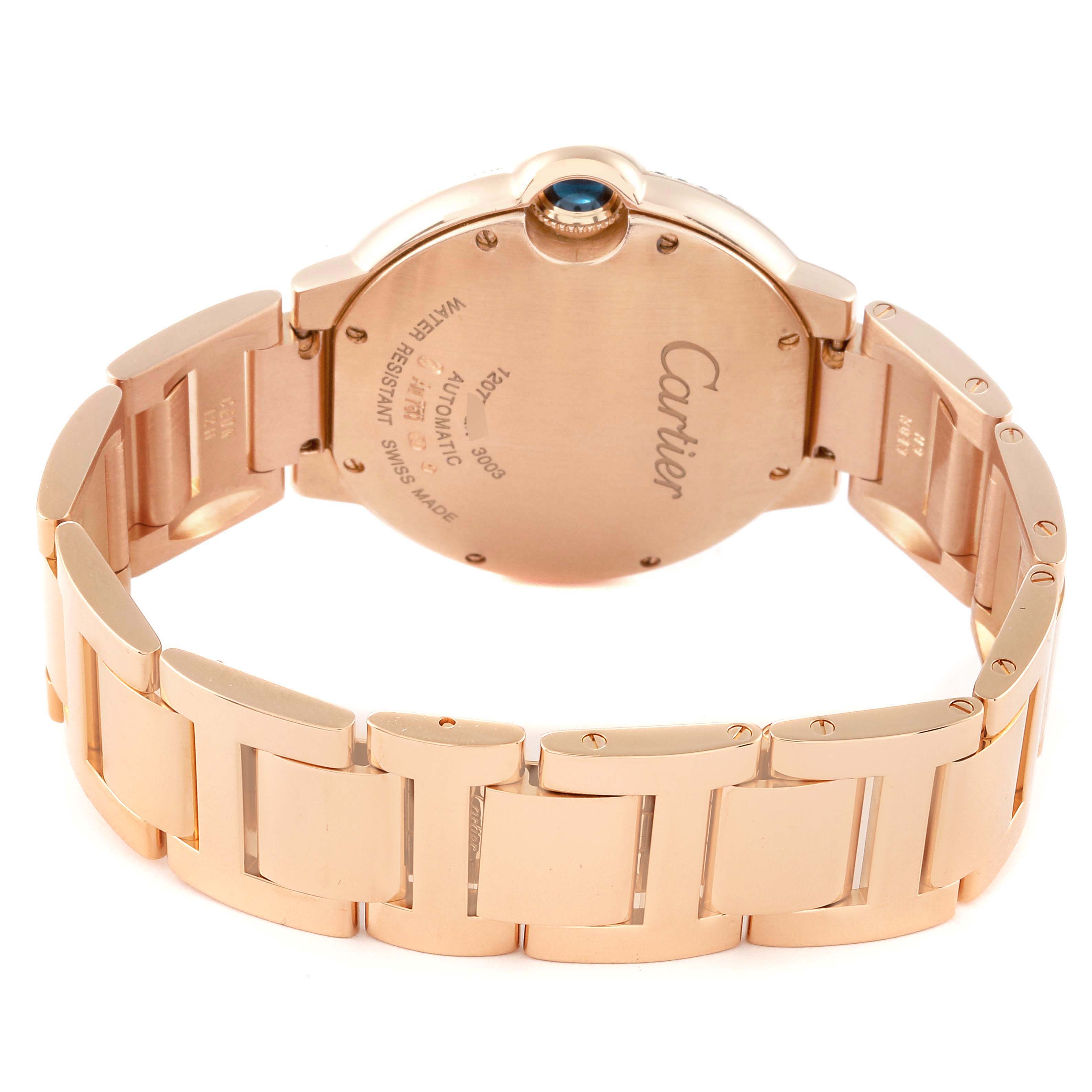 The image shows the back of a Cartier Ballon Bleu WE9005Z3 Men's Rose Gold Silver Dial WE9005Z3 Men's Rose Gold Silver Dial watch, including the bracelet and caseback with the brand's engraving.