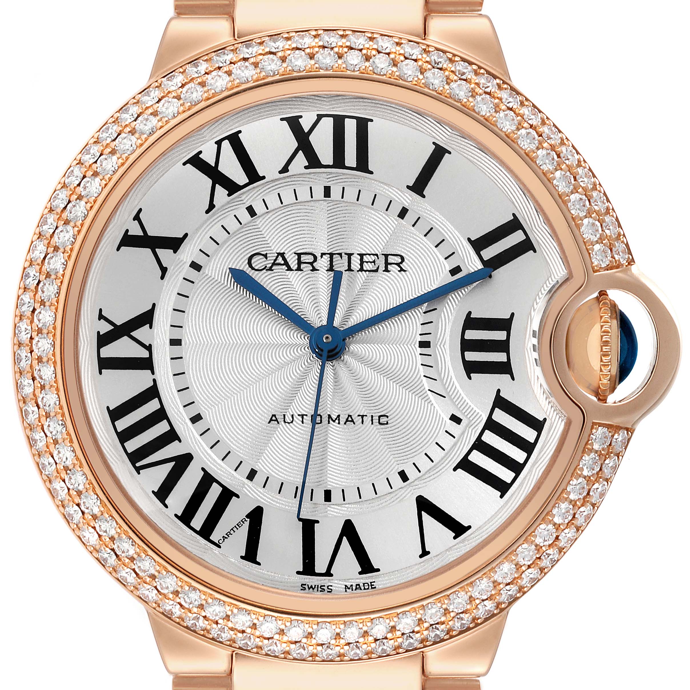The image shows a close-up of the dial and bezel of the Ballon Bleu by Cartier.