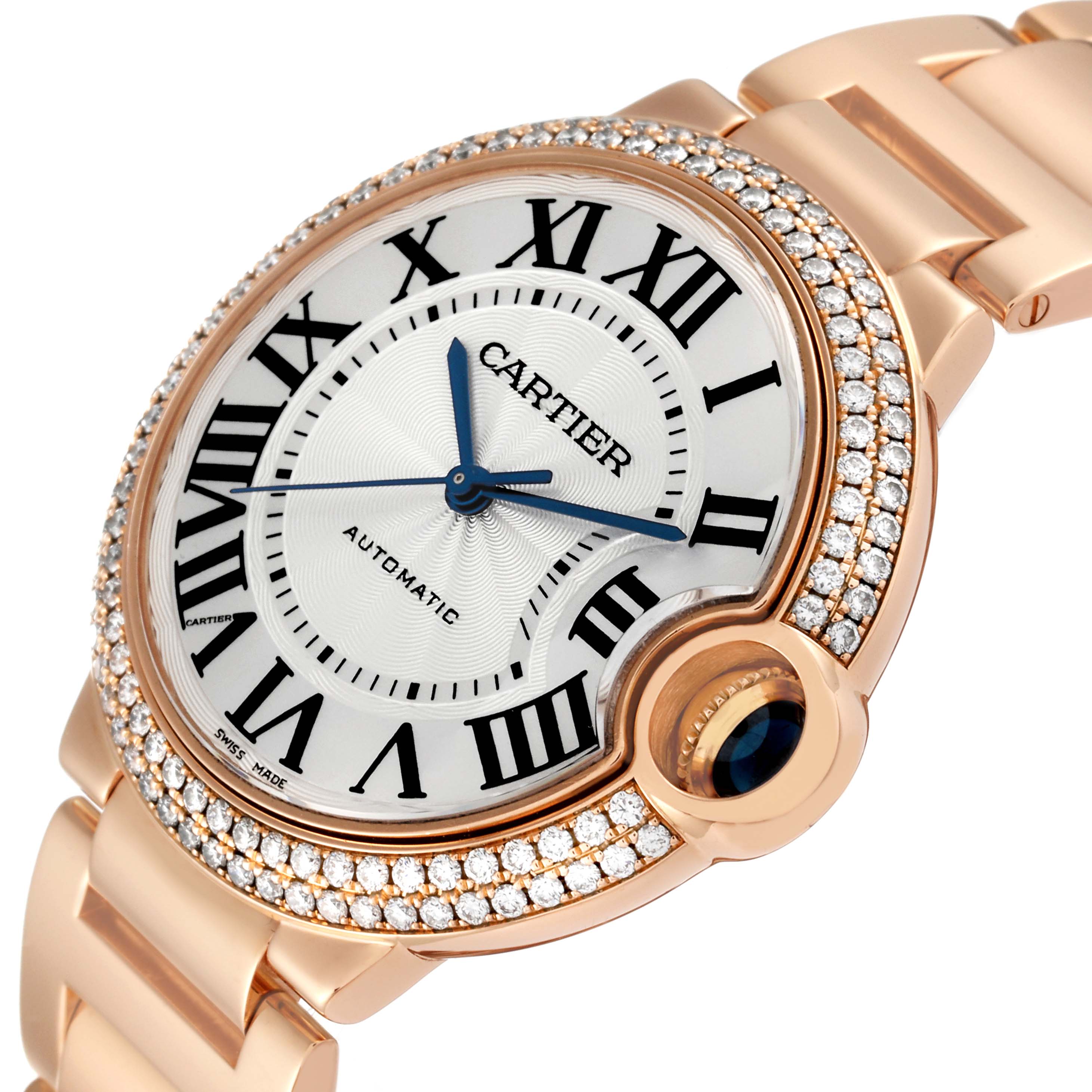 The Ballon Bleu model by Cartier is shown from an angled close-up, highlighting its face, Roman numerals, and diamond bezel.