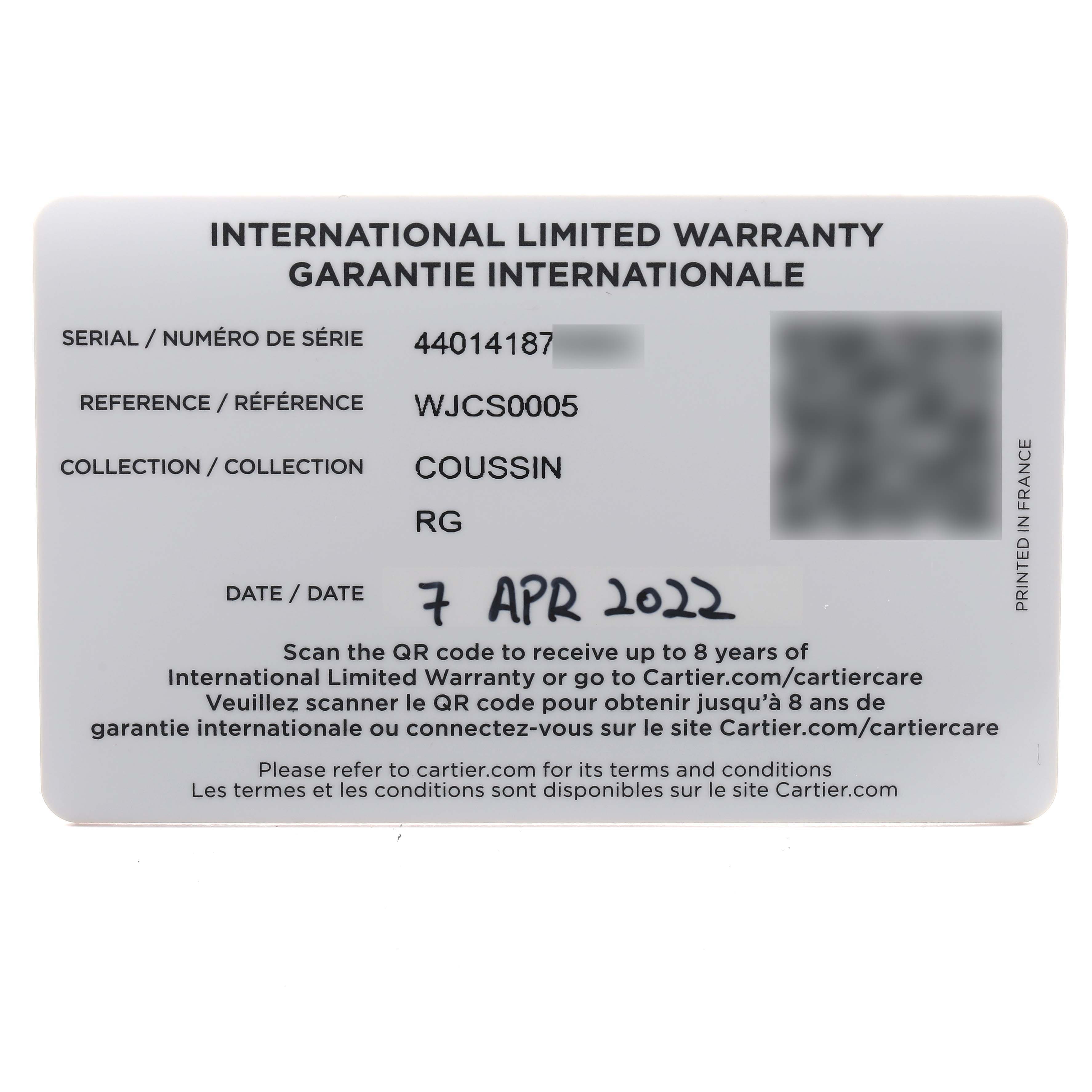 The image shows an International Limited Warranty card for the Cartier Coussin WJCS0005 Women
s Rose Gold Silver Dial model watch.