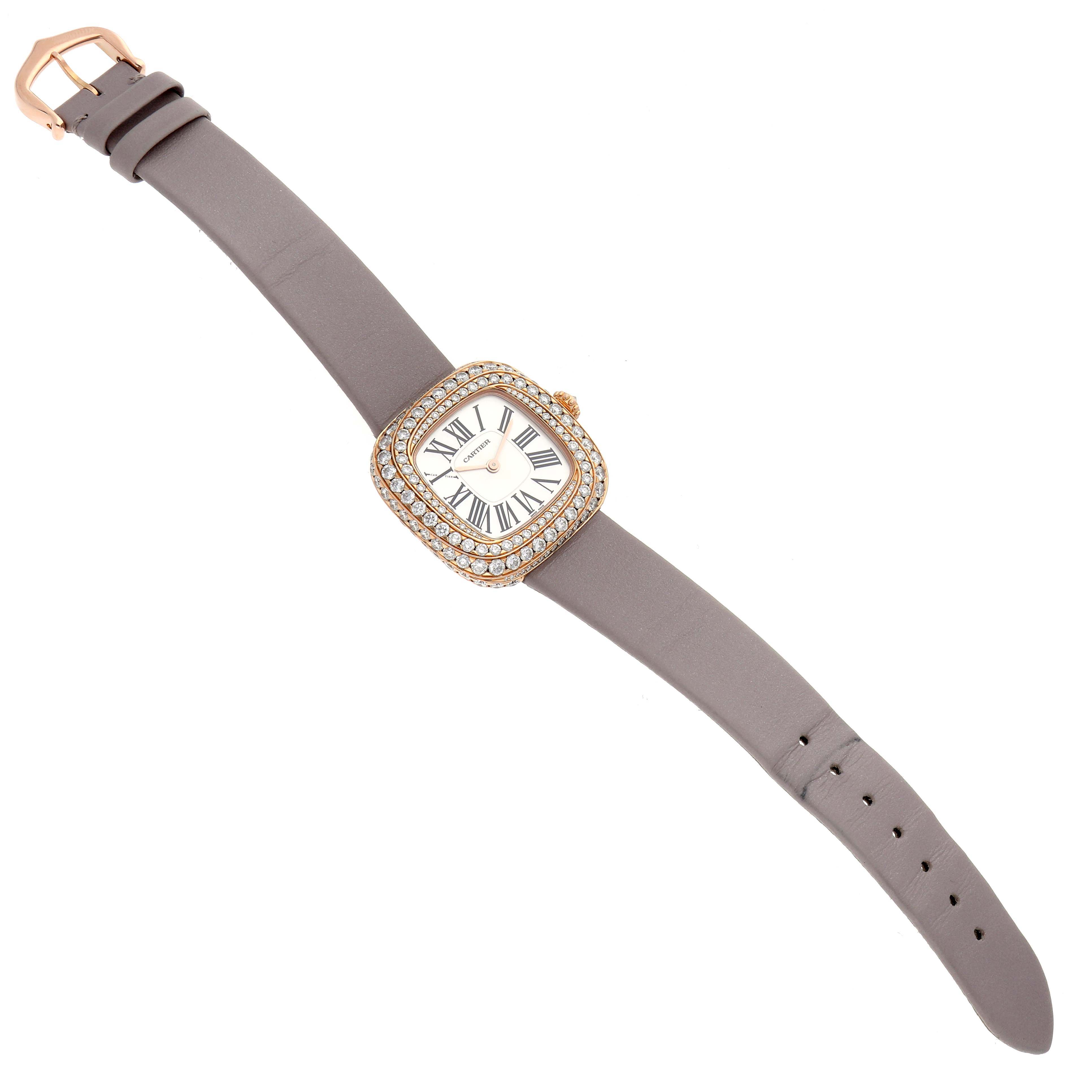 The Cartier Coussin WJCS0005 Women
s Rose Gold Silver Dial watch is shown at a slightly tilted angle, highlighting the face and full strap.