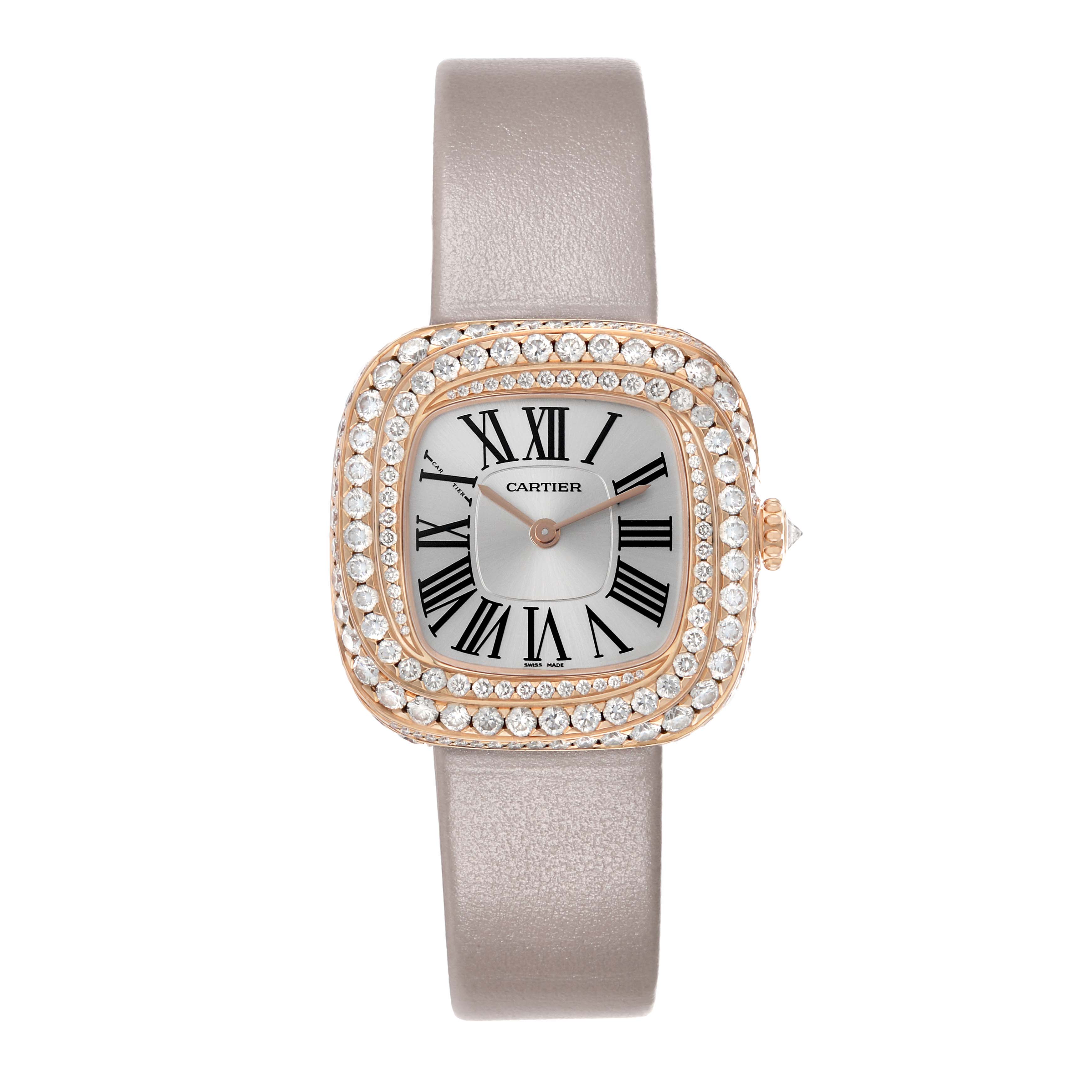 The Cartier Coussin WJCS0005 Women
s Rose Gold Silver Dial watch is shown from a front angle, displaying the face, bezel with gemstones, and strap.