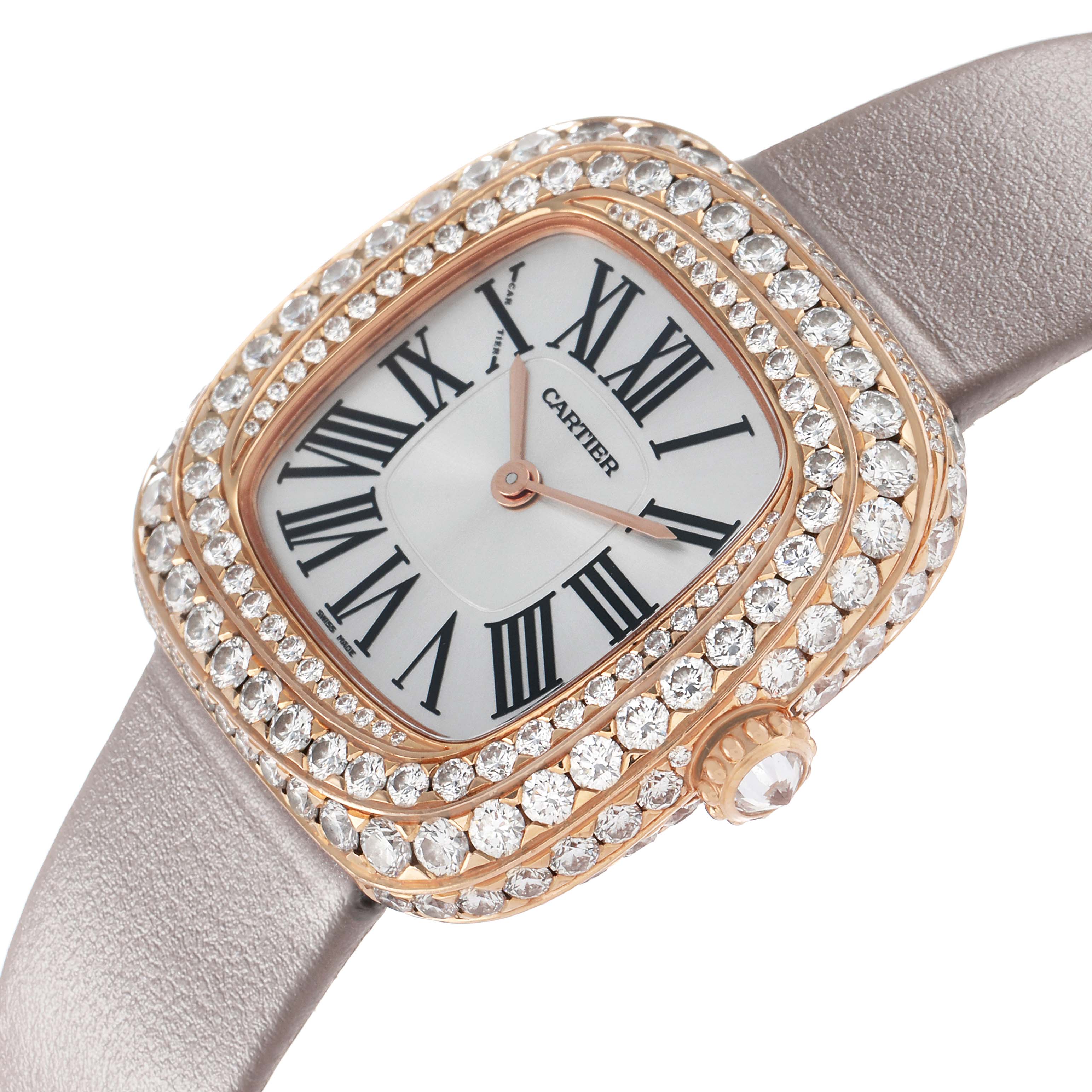 The Cartier Coussin WJCS0005 Women
s Rose Gold Silver Dial watch is shown at a slight angle, highlighting the diamond-studded bezel, case, and strap.