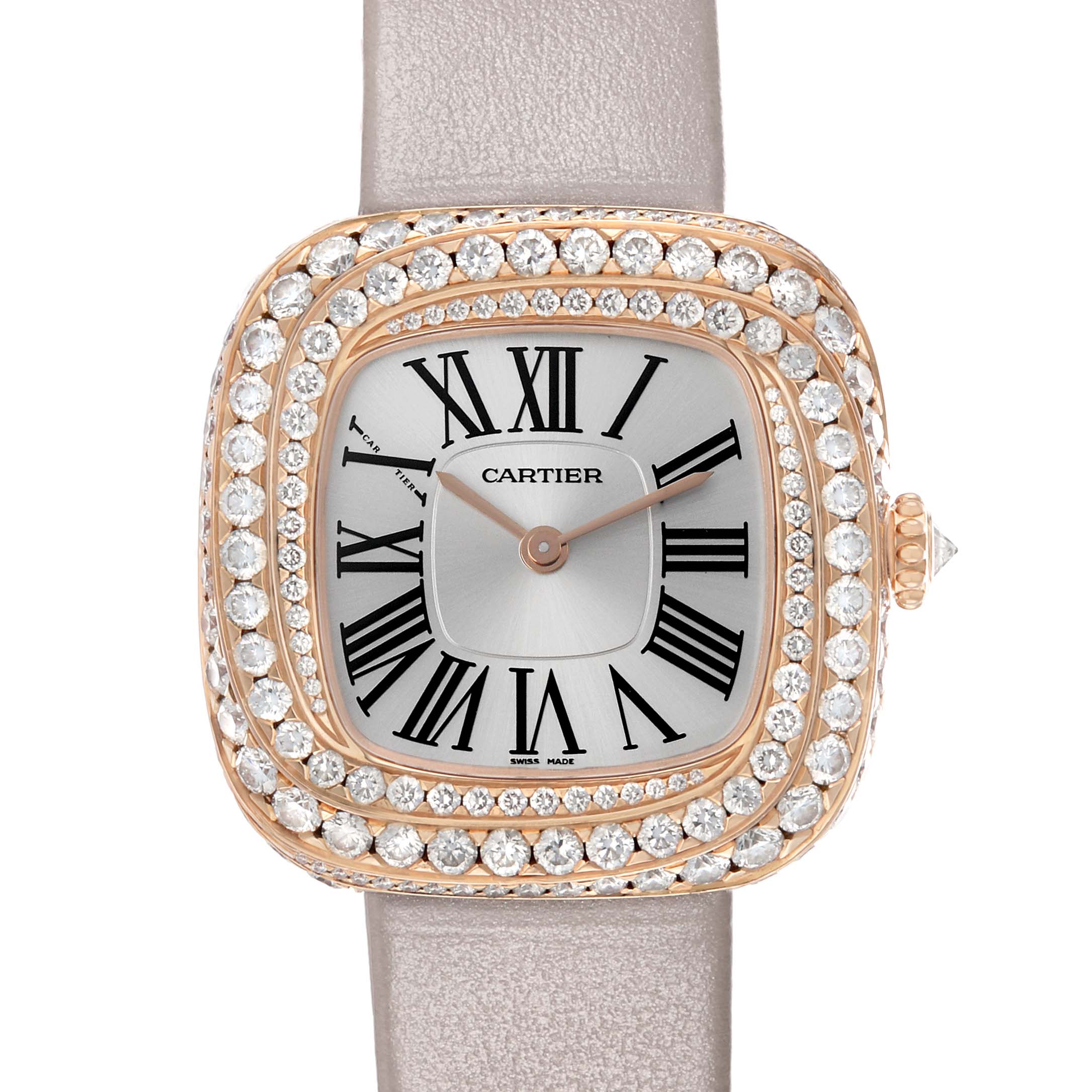 The Cartier Coussin WJCS0005 Women
s Rose Gold Silver Dial watch is shown from the front, displaying its face, bezel with diamonds, and part of the strap.