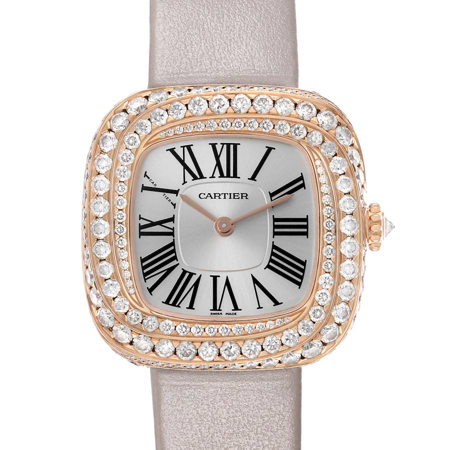 The Cartier Coussin WJCS0005 Women
s Rose Gold Silver Dial watch is shown from the front, displaying its face, bezel with diamonds, and part of the strap.