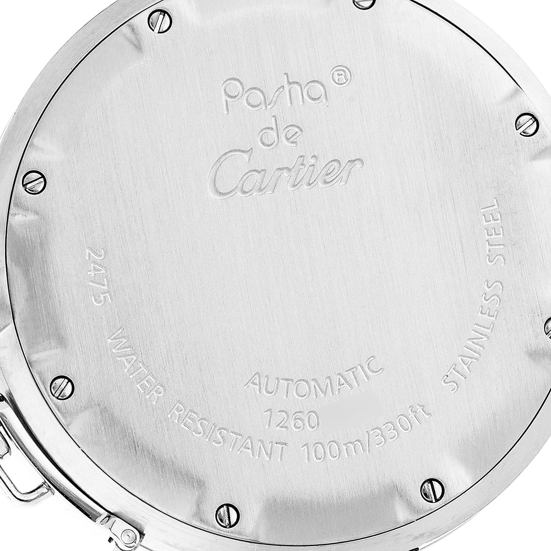 The image shows the stainless steel back case of a Cartier Pasha W31058M7 Women's Stainless Steel Pink Dial W31058M7 Women's Stainless Steel Pink Dial watch with model details and water resistance.