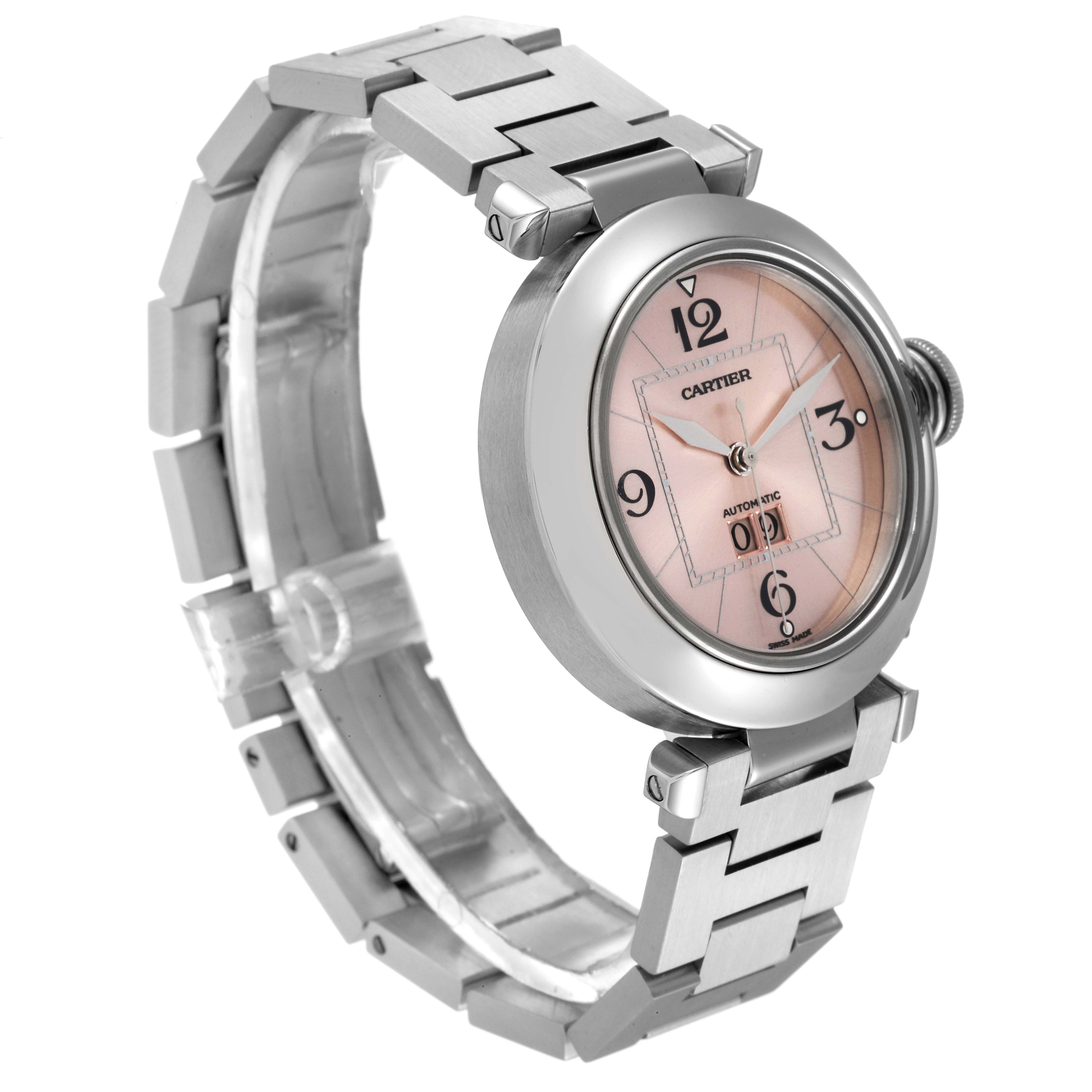 This image shows a Cartier Pasha W31058M7 Women's Stainless Steel Pink Dial W31058M7 Women's Stainless Steel Pink Dial watch at an angle highlighting the face, crown, and metal bracelet.