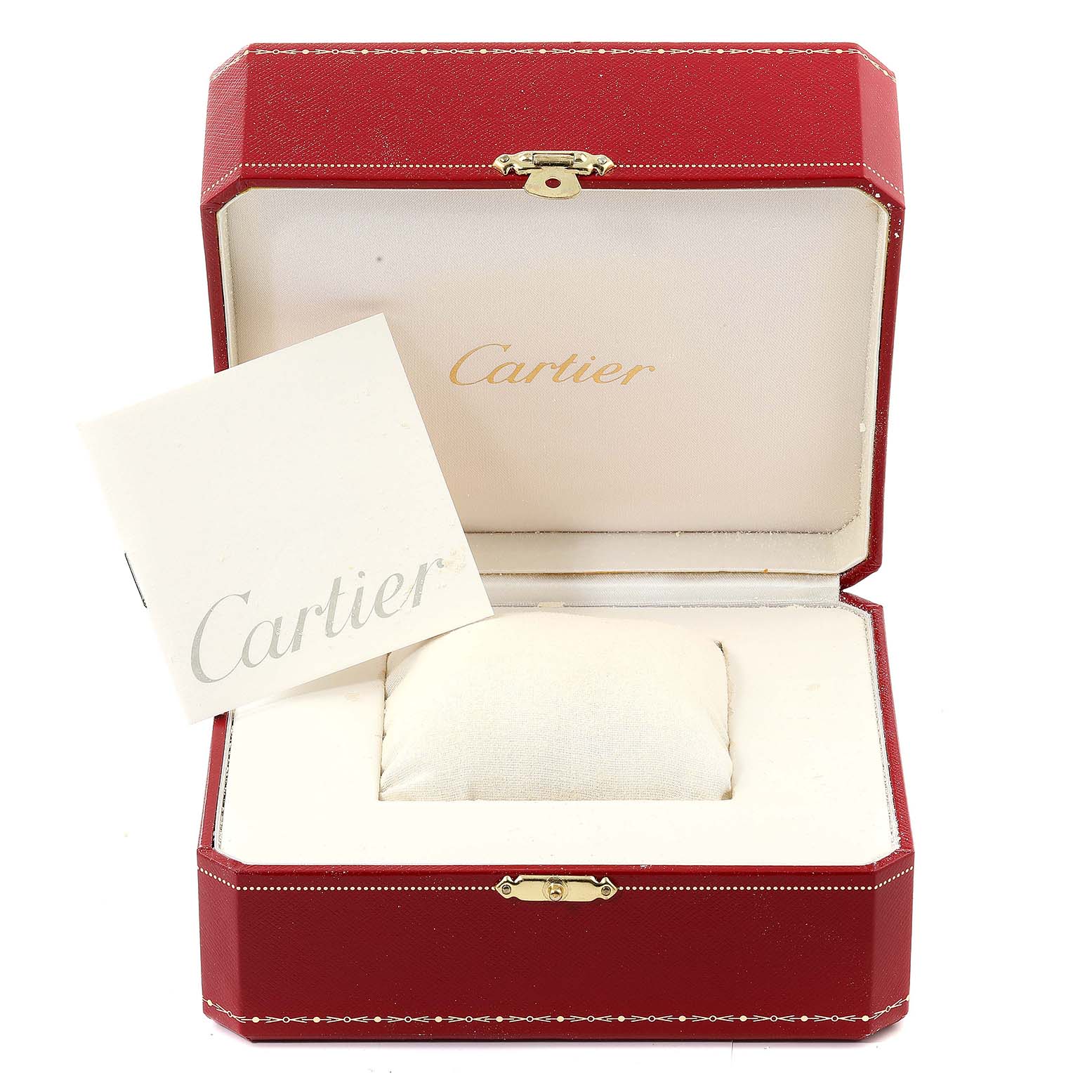 The image shows an open Cartier Pasha W31058M7 Women's Stainless Steel Pink Dial W31058M7 Women's Stainless Steel Pink Dial watch box with a cushioned interior and Cartier-branded paperwork.