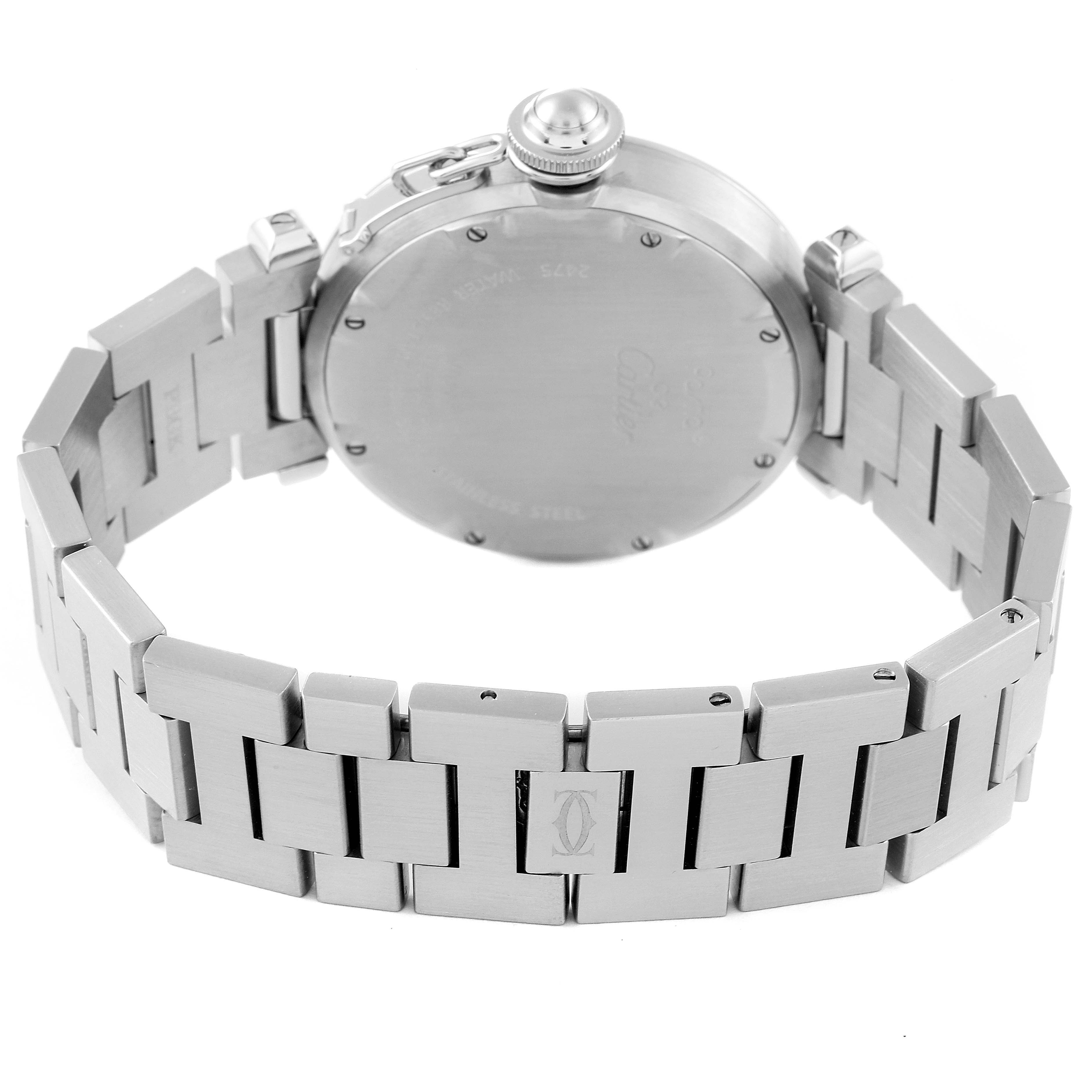 The photo shows the back case and bracelet of a Cartier Pasha W31058M7 Women's Stainless Steel Pink Dial W31058M7 Women's Stainless Steel Pink Dial watch at a rear angle.