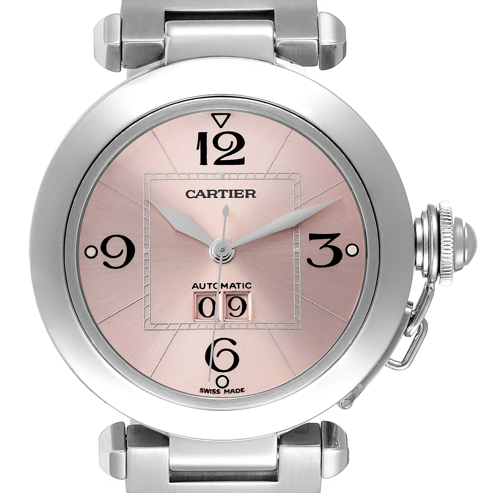 This image shows a straight-on view of the dial and part of the bracelet of a Cartier Pasha W31058M7 Women's Stainless Steel Pink Dial W31058M7 Women's Stainless Steel Pink Dial watch with a light pink face.