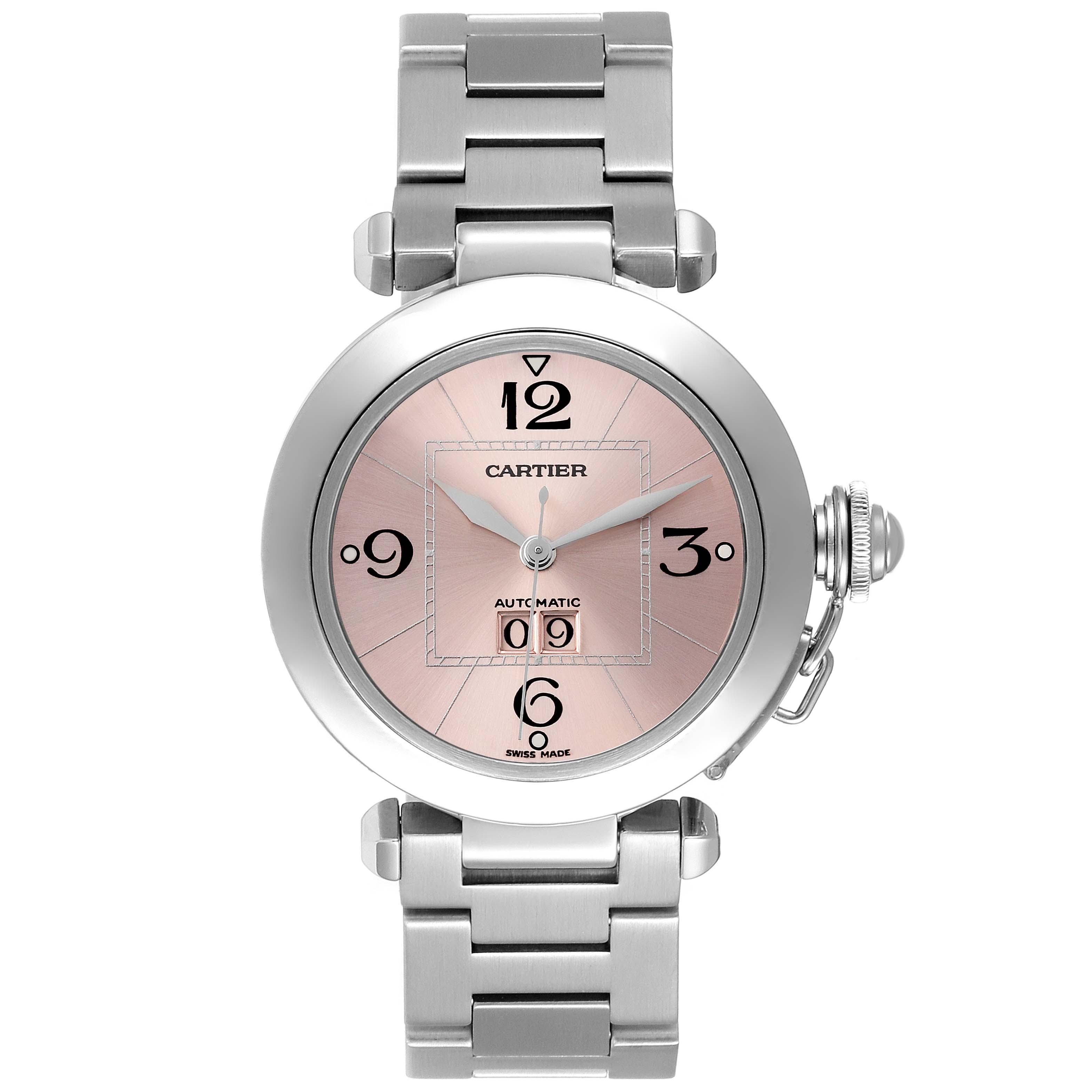 The image shows a front view of the Cartier Pasha W31058M7 Women's Stainless Steel Pink Dial W31058M7 Women's Stainless Steel Pink Dial watch, highlighting its face, dial, hands, and metal bracelet.