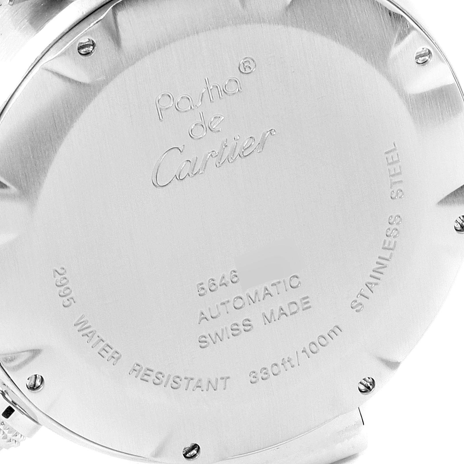 This image shows the back case of a Cartier Pasha W31089M7 Men's Stainless Steel Silver Dial W31089M7 Men's Stainless Steel Silver Dial watch, displaying its model information and specifications.