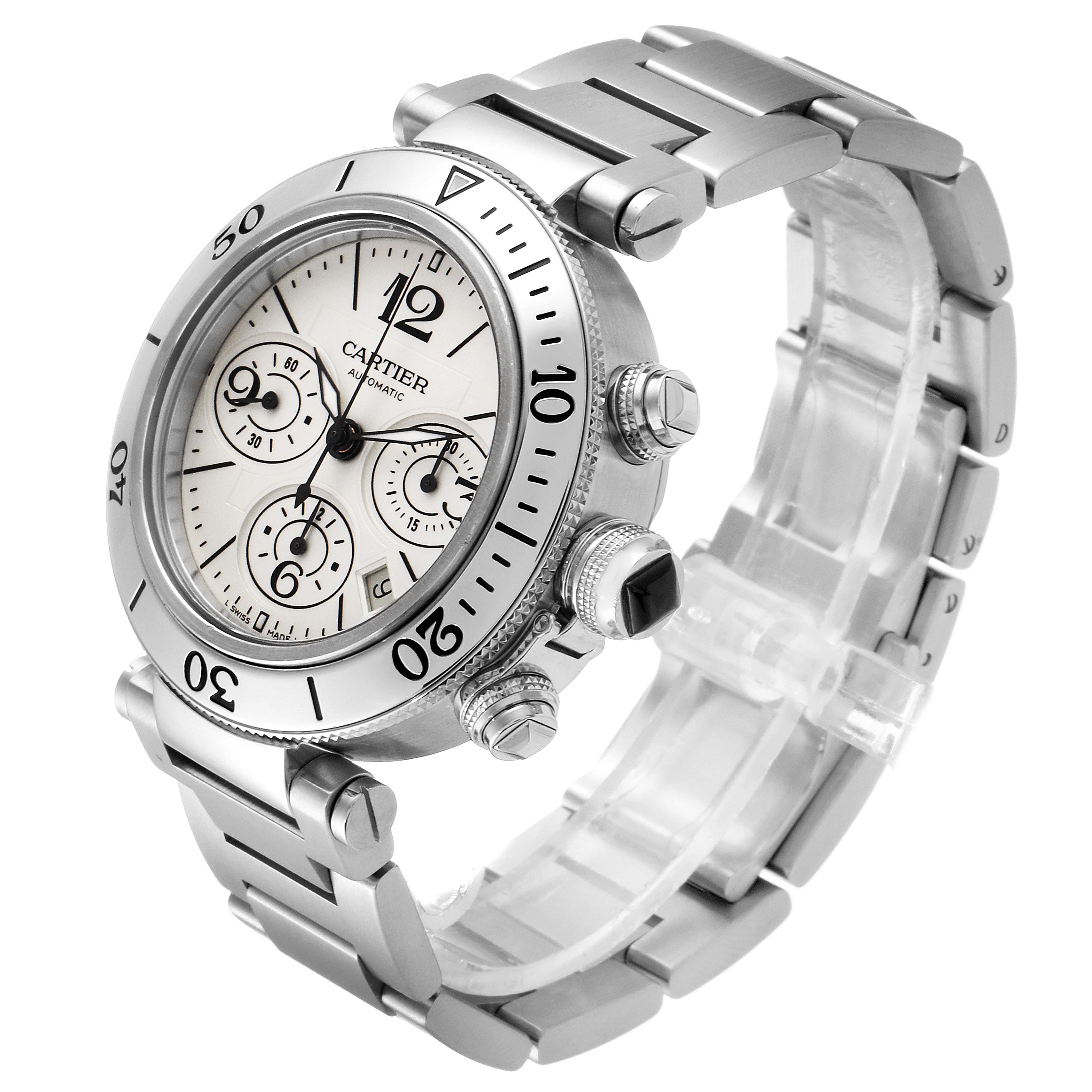 This Cartier Pasha W31089M7 Men's Stainless Steel Silver Dial W31089M7 Men's Stainless Steel Silver Dial watch is pictured from an angled side view, showcasing the face, bezel, crown, and stainless steel bracelet.