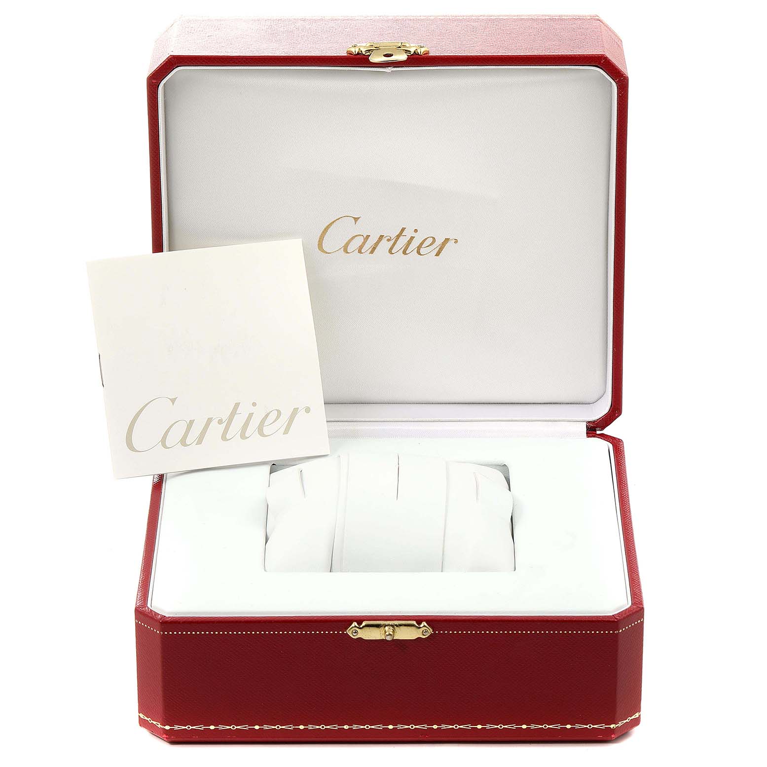 The image shows a Cartier Pasha W31089M7 Men's Stainless Steel Silver Dial W31089M7 Men's Stainless Steel Silver Dial watch box on display, including the open box, cushion, and booklet.