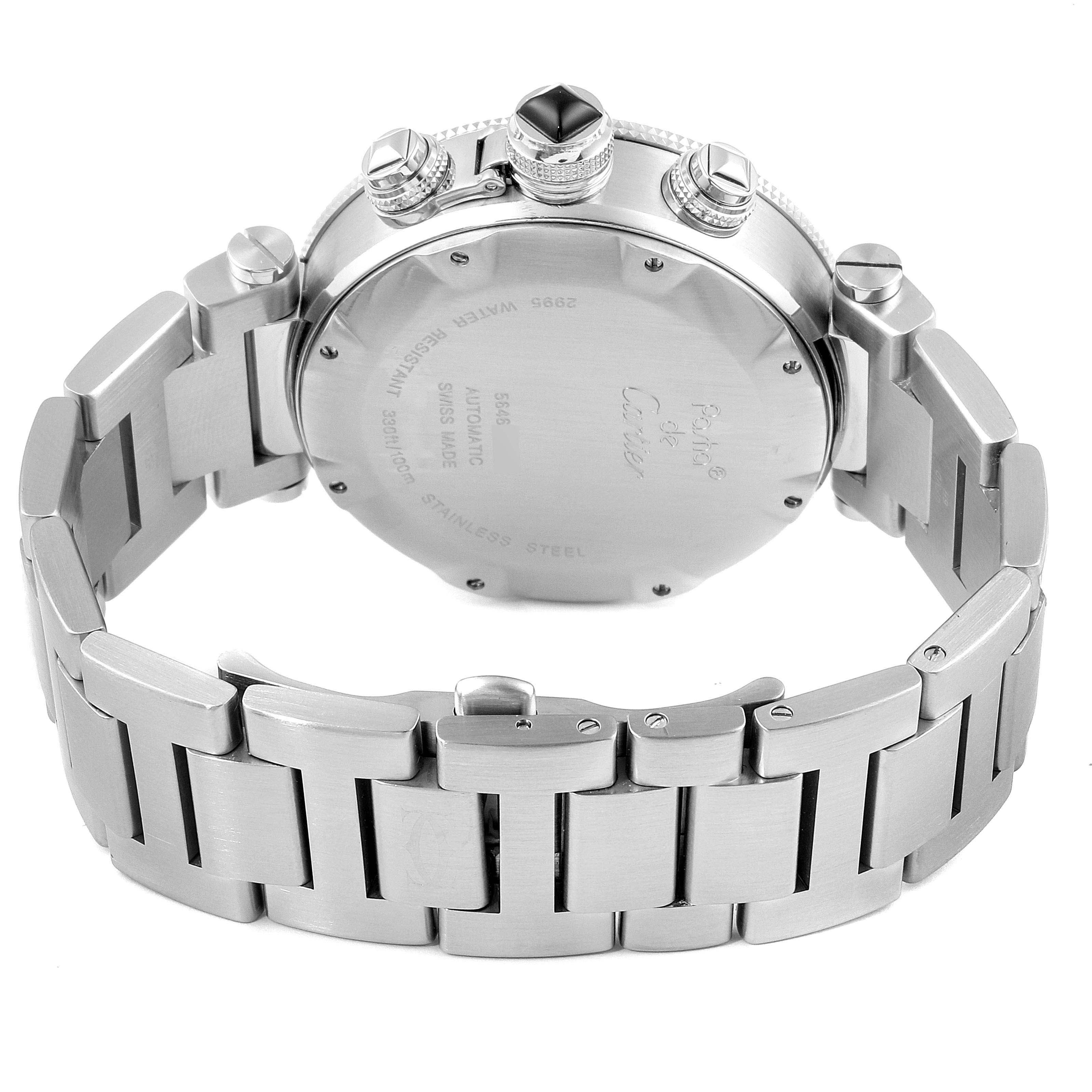 The image shows the back and bracelet of a Cartier Pasha W31089M7 Men's Stainless Steel Silver Dial W31089M7 Men's Stainless Steel Silver Dial model watch, highlighting its stainless steel design.