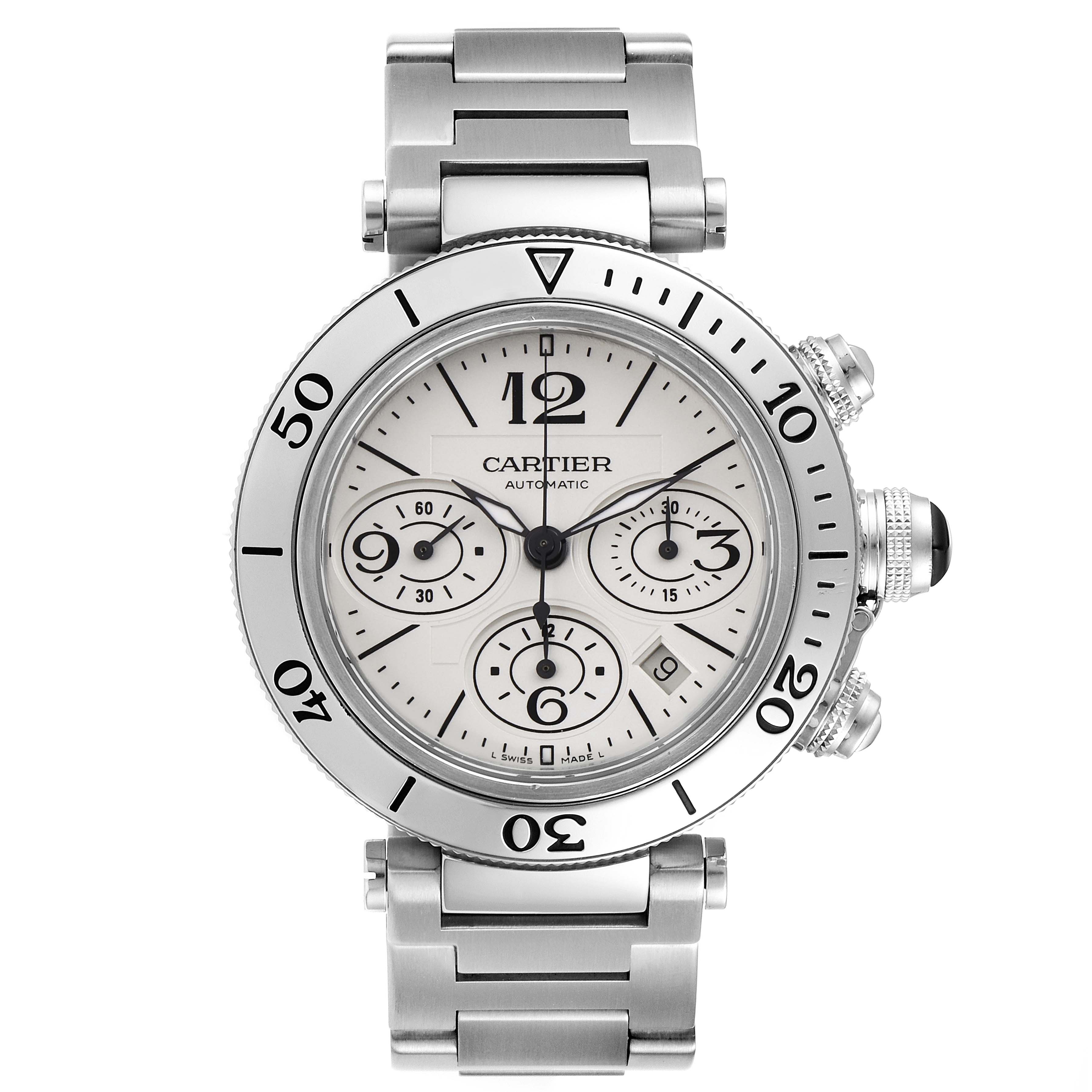 This image shows a front view of the Cartier Pasha W31089M7 Men's Stainless Steel Silver Dial W31089M7 Men's Stainless Steel Silver Dial watch, showcasing its dial, bezel, and metal bracelet.