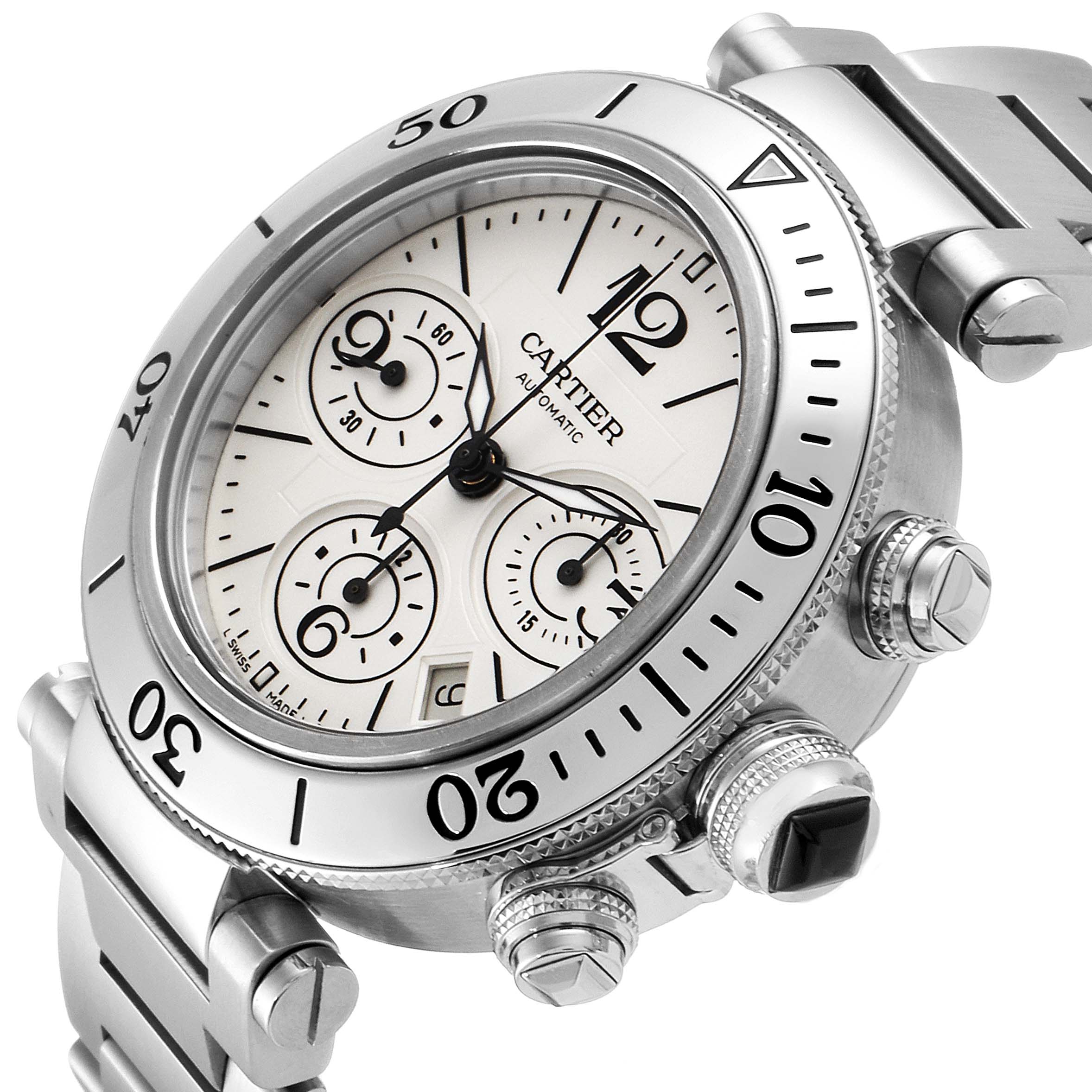 The image shows a close-up, angled view of the Cartier Pasha W31089M7 Men's Stainless Steel Silver Dial W31089M7 Men's Stainless Steel Silver Dial watch, highlighting the dial, bezel, and chronograph pushers.