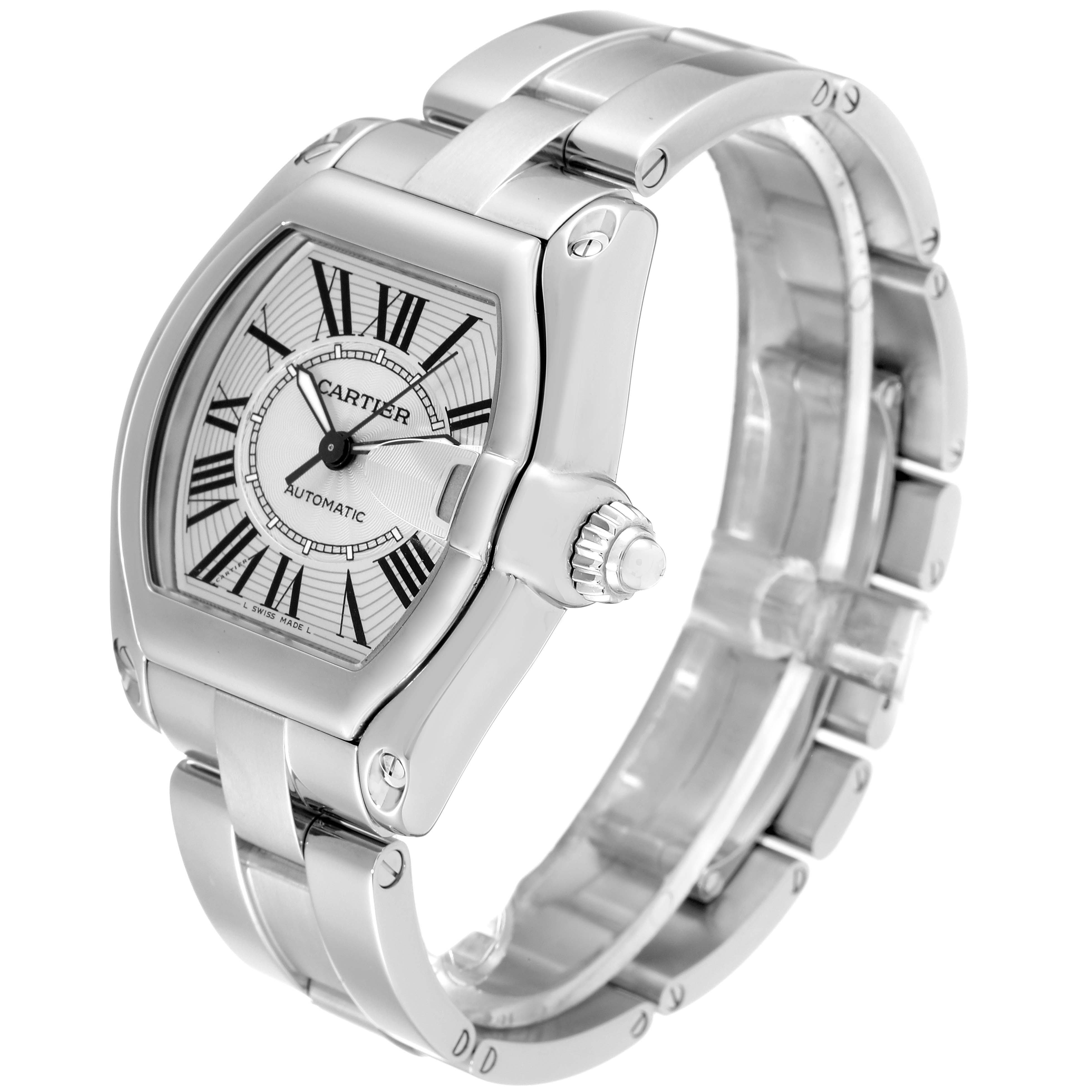 The image shows a Cartier Roadster W62025V3 Men's Stainless Steel Silver Dial W62025V3 Men's Stainless Steel Silver Dial watch from a three-quarter angle, highlighting the dial, bracelet, and crown with the brand logo visible.
