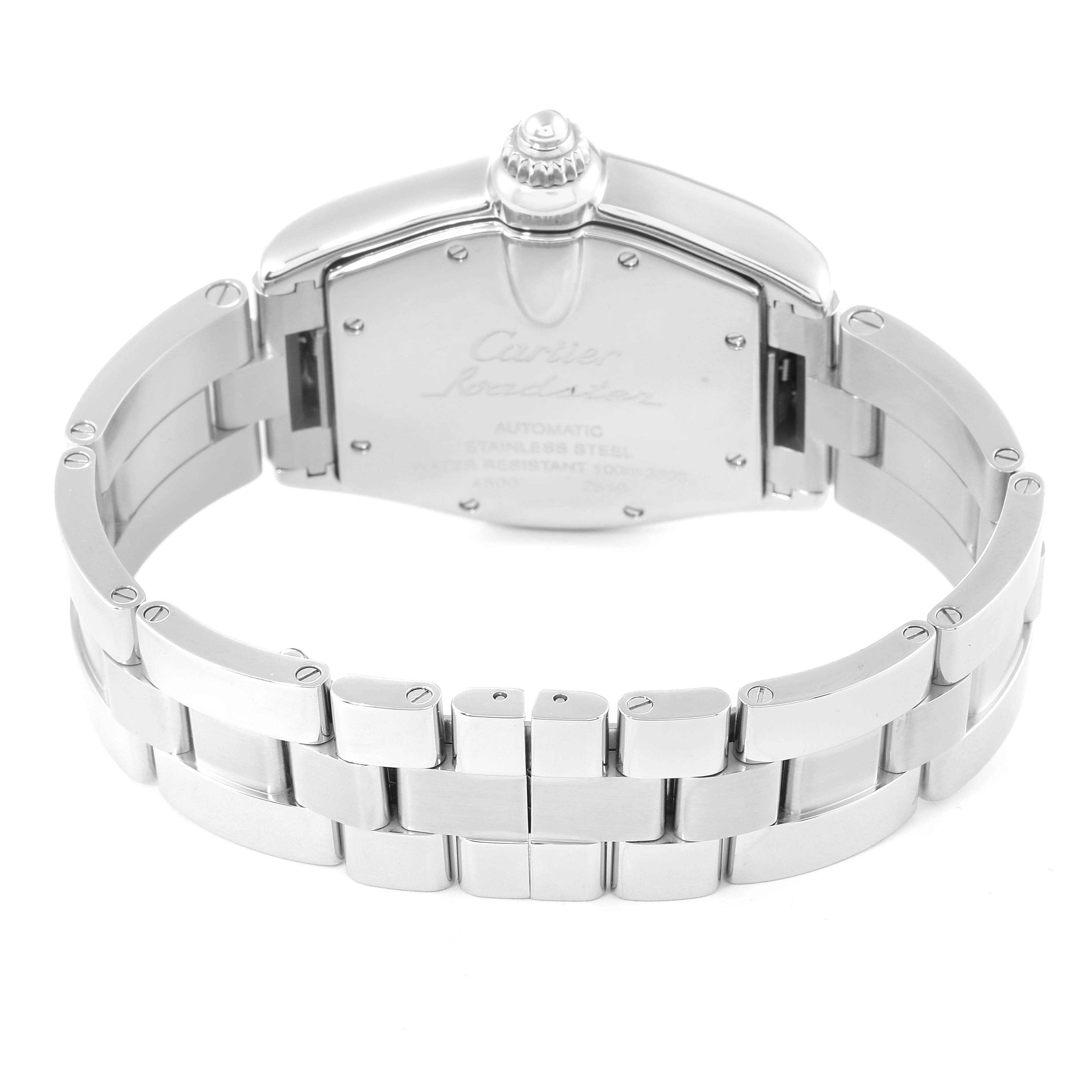 This image shows the rear view of a Cartier Roadster W62025V3 Men's Stainless Steel Silver Dial W62025V3 Men's Stainless Steel Silver Dial watch, highlighting its stainless steel case back and bracelet.