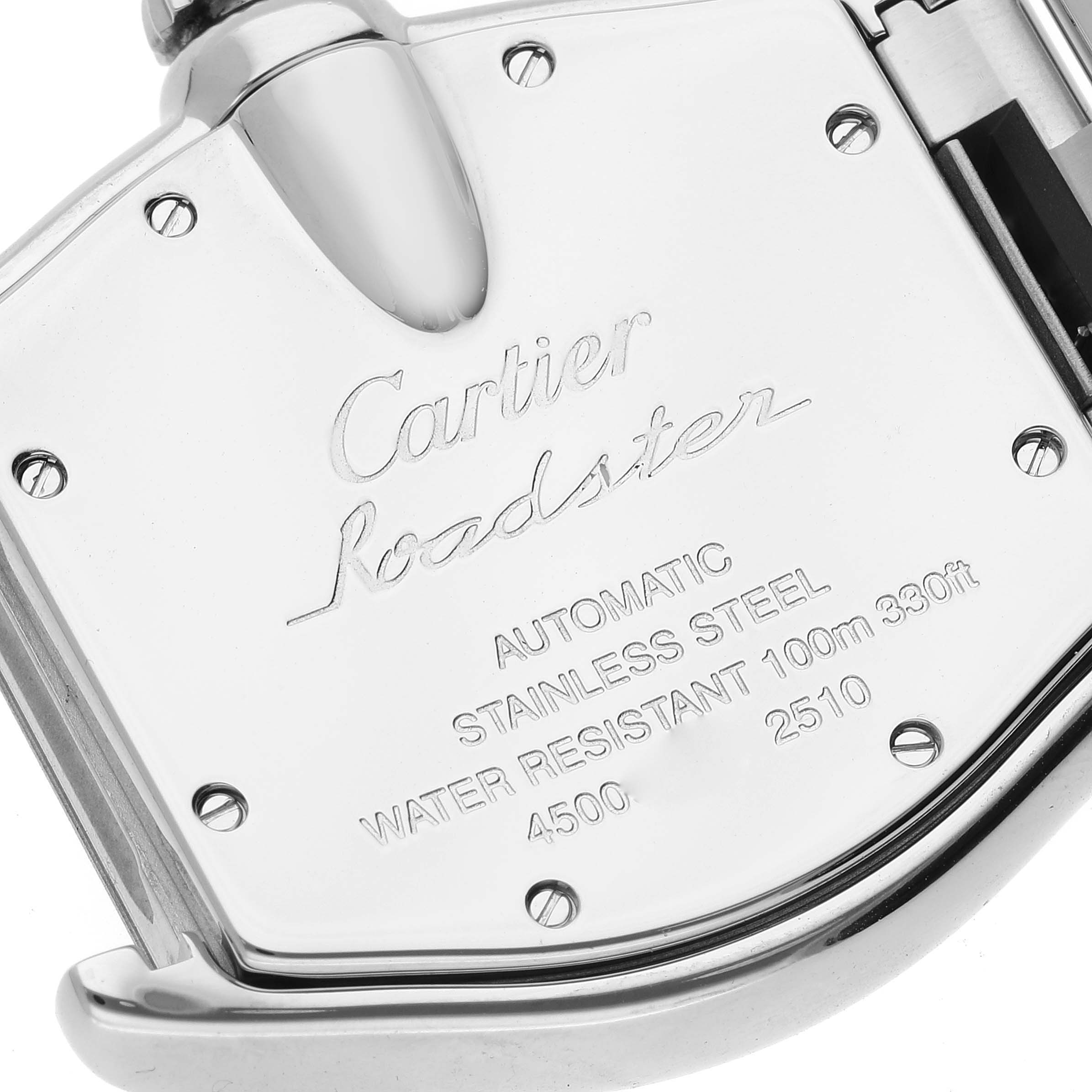 This image shows the back casing of the Cartier Roadster W62025V3 Men's Stainless Steel Silver Dial W62025V3 Men's Stainless Steel Silver Dial watch, highlighting its engravings and screws.