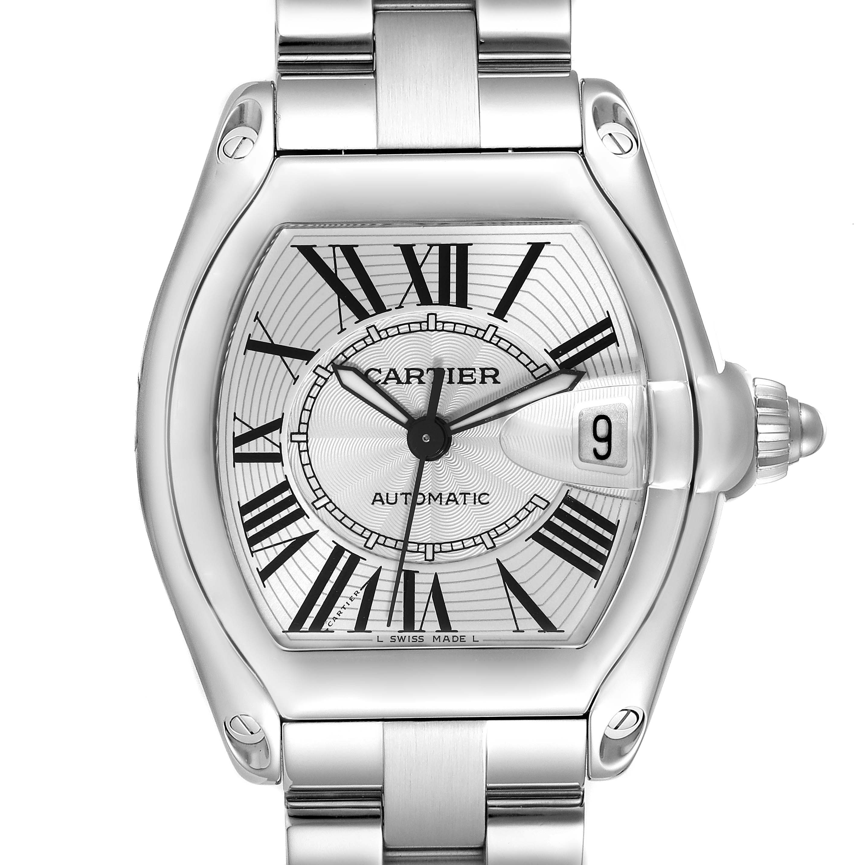 This is a close-up front view of the Cartier Roadster W62025V3 Men's Stainless Steel Silver Dial W62025V3 Men's Stainless Steel Silver Dial watch, showing the dial, hands, date window, and part of the bracelet.
