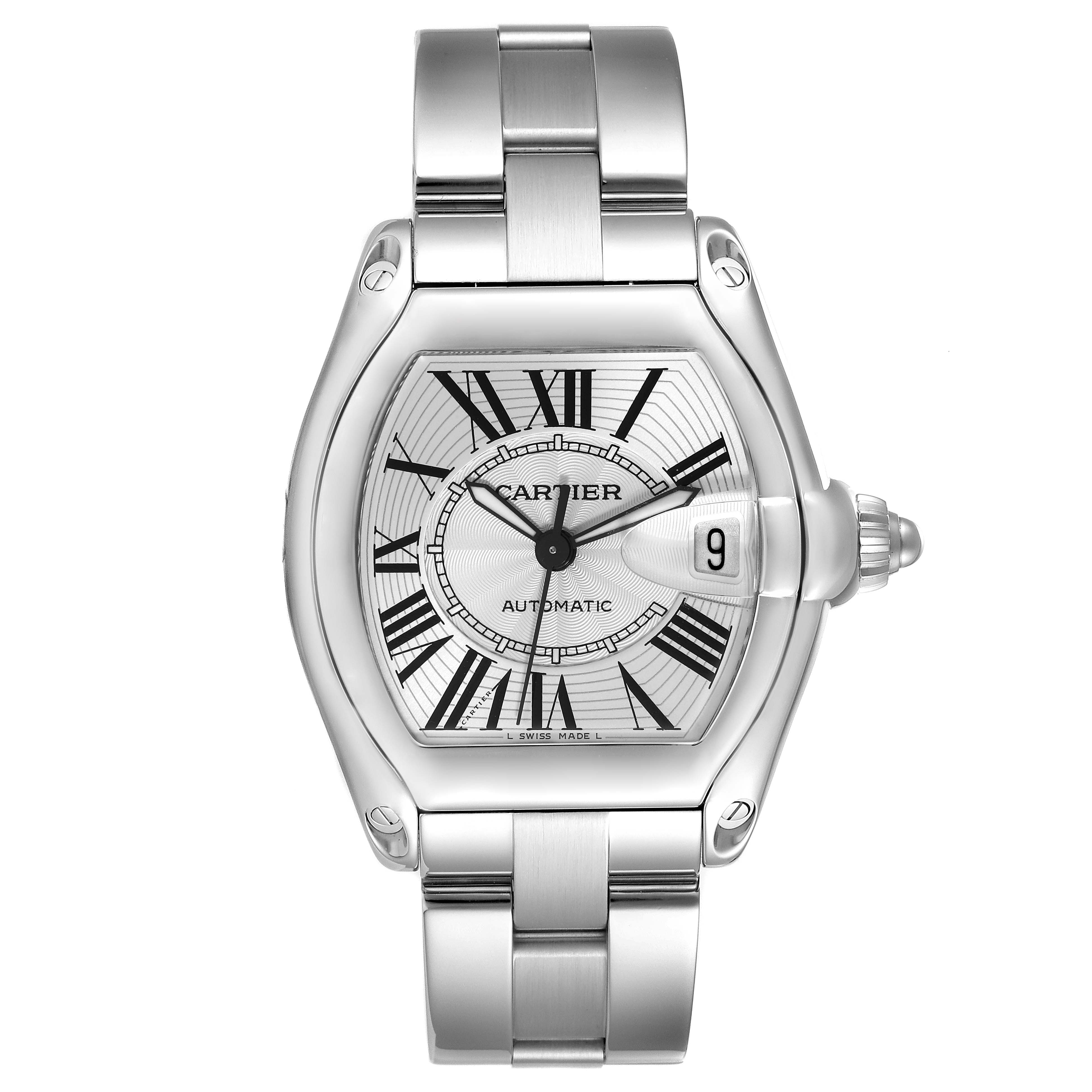 The image shows a frontal view of the Cartier Roadster W62025V3 Men's Stainless Steel Silver Dial W62025V3 Men's Stainless Steel Silver Dial watch, highlighting the dial, case, and bracelet.