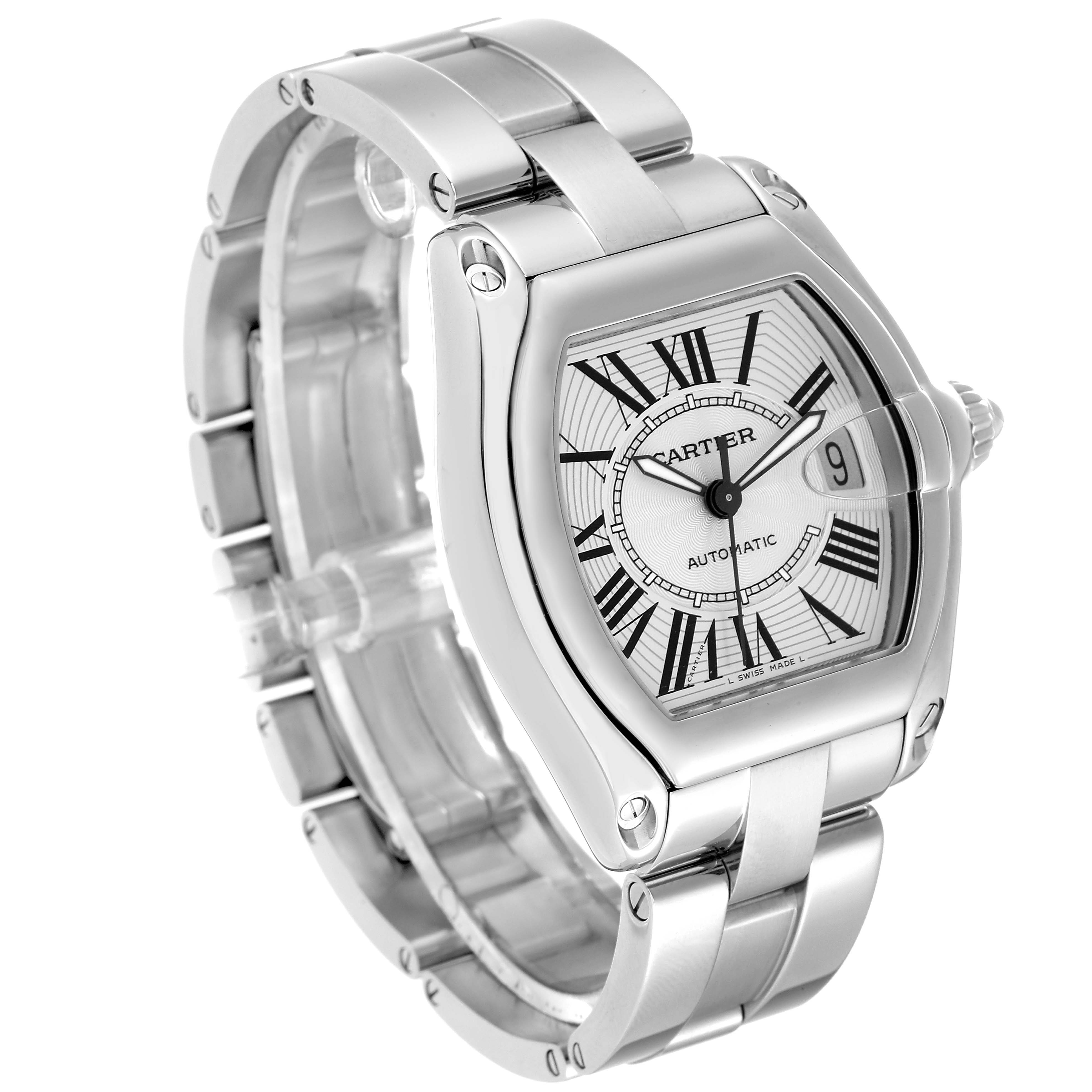 The image shows a Cartier Roadster W62025V3 Men's Stainless Steel Silver Dial W62025V3 Men's Stainless Steel Silver Dial watch from a three-quarter angle, highlighting its face, bracelet, and crown.