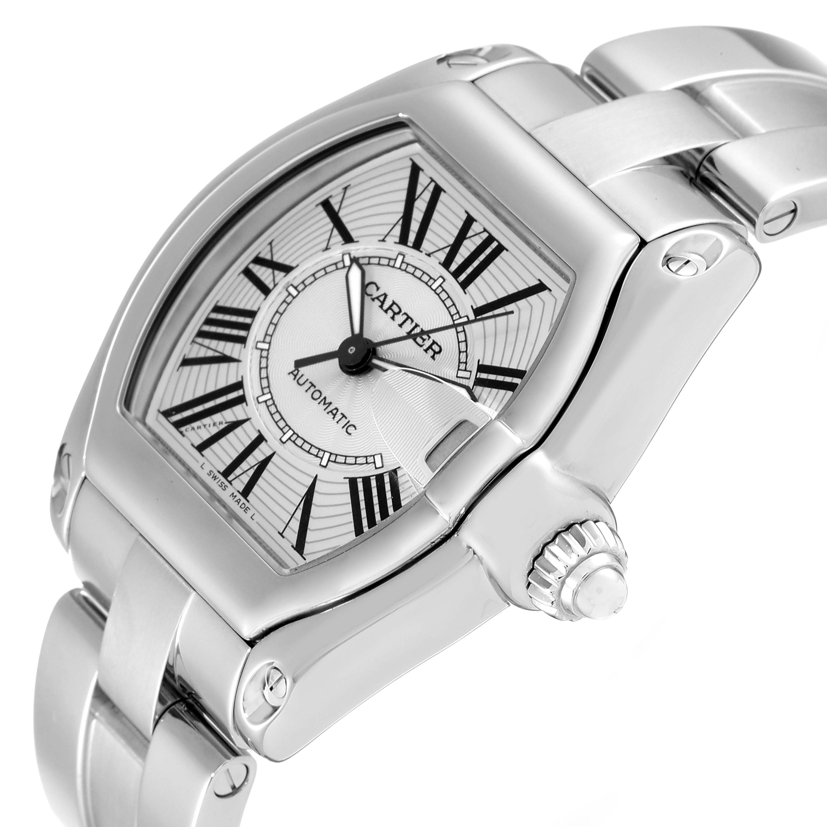 This image shows a close-up angle of the Cartier Roadster W62025V3 Men's Stainless Steel Silver Dial W62025V3 Men's Stainless Steel Silver Dial watch, highlighting its face, crown, and part of the bracelet.