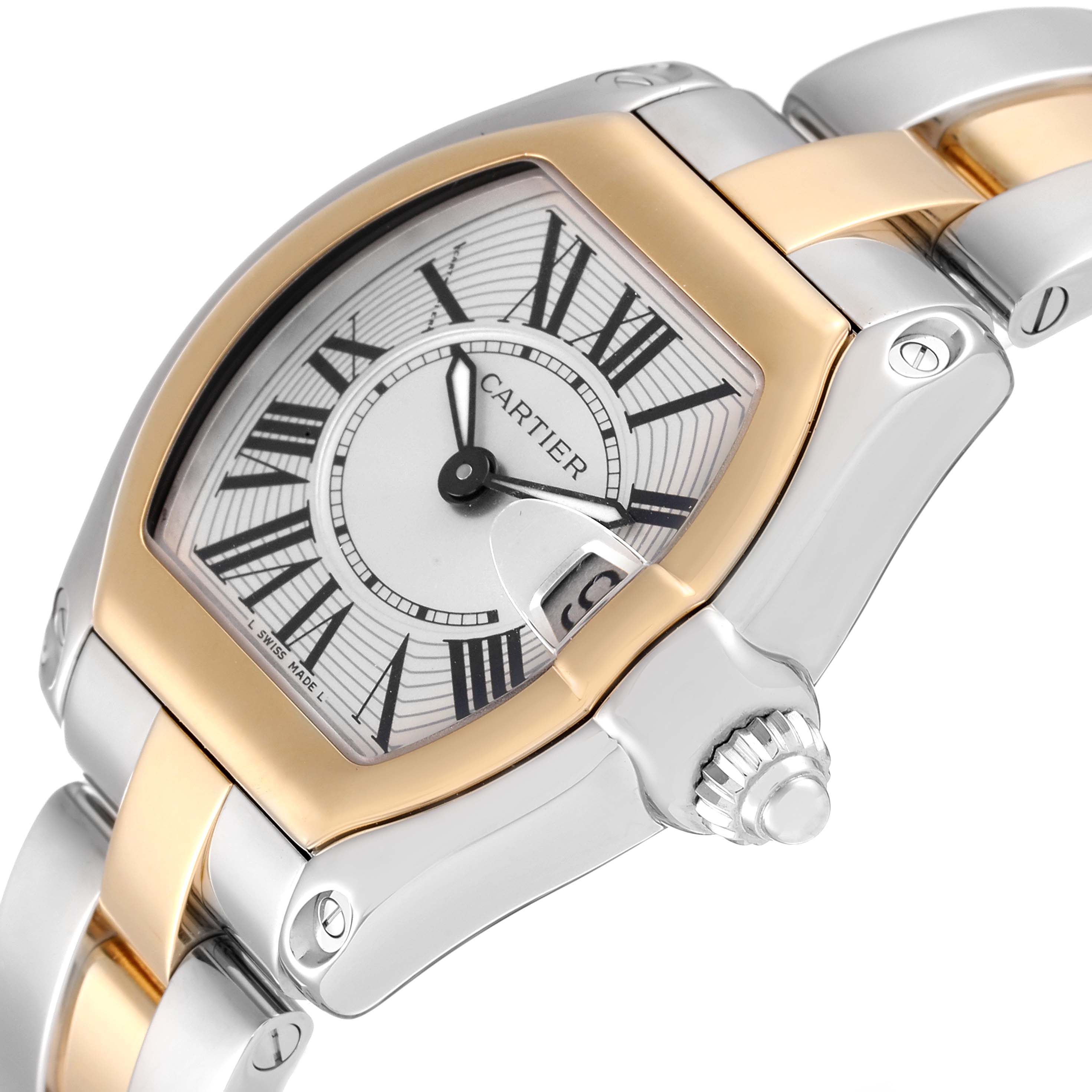 This image shows a Cartier Roadster W62026Y4 Women's Steel and Gold (two tone) Silver Dial W62026Y4 Women's Steel and Gold (two tone) Silver Dial watch angled to display the dial, case, crown, and part of the bracelet.