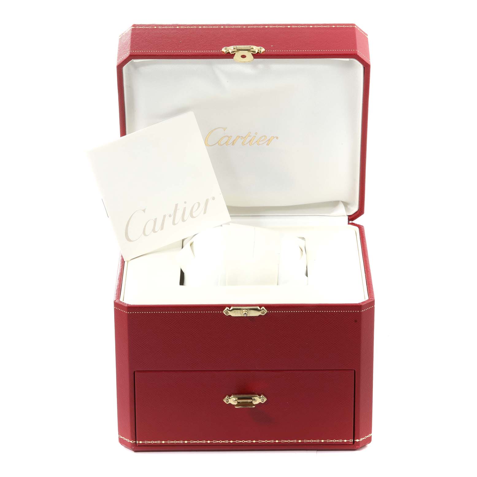 This image shows the open box and packaging for the Cartier Roadster W62026Y4 Women's Steel and Gold (two tone) Silver Dial W62026Y4 Women's Steel and Gold (two tone) Silver Dial watch, displaying its red case and a Cartier booklet.