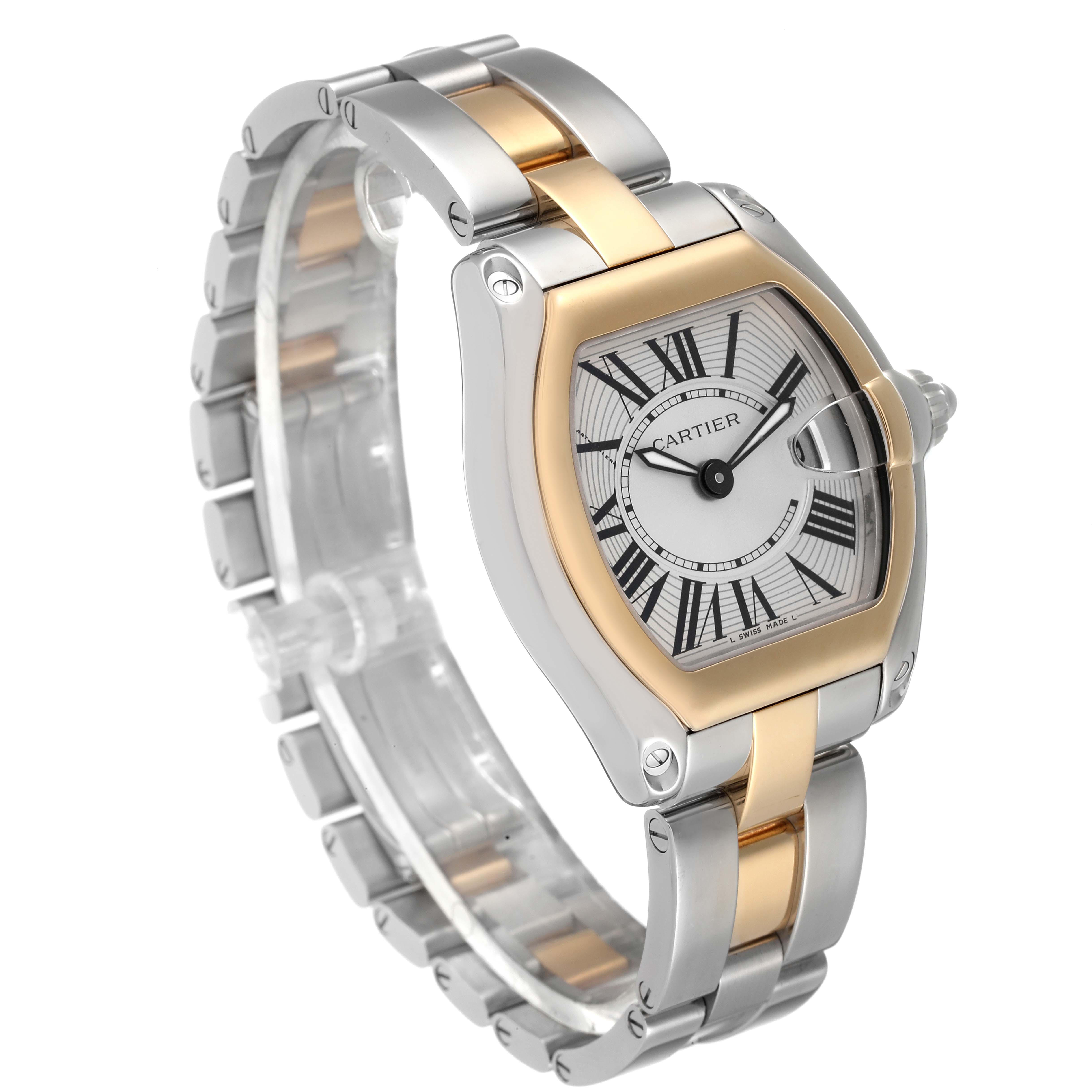 The Cartier Roadster W62026Y4 Women's Steel and Gold (two tone) Silver Dial W62026Y4 Women's Steel and Gold (two tone) Silver Dial watch is shown at a three-quarter angle, highlighting its face, bezel, and bracelet.
