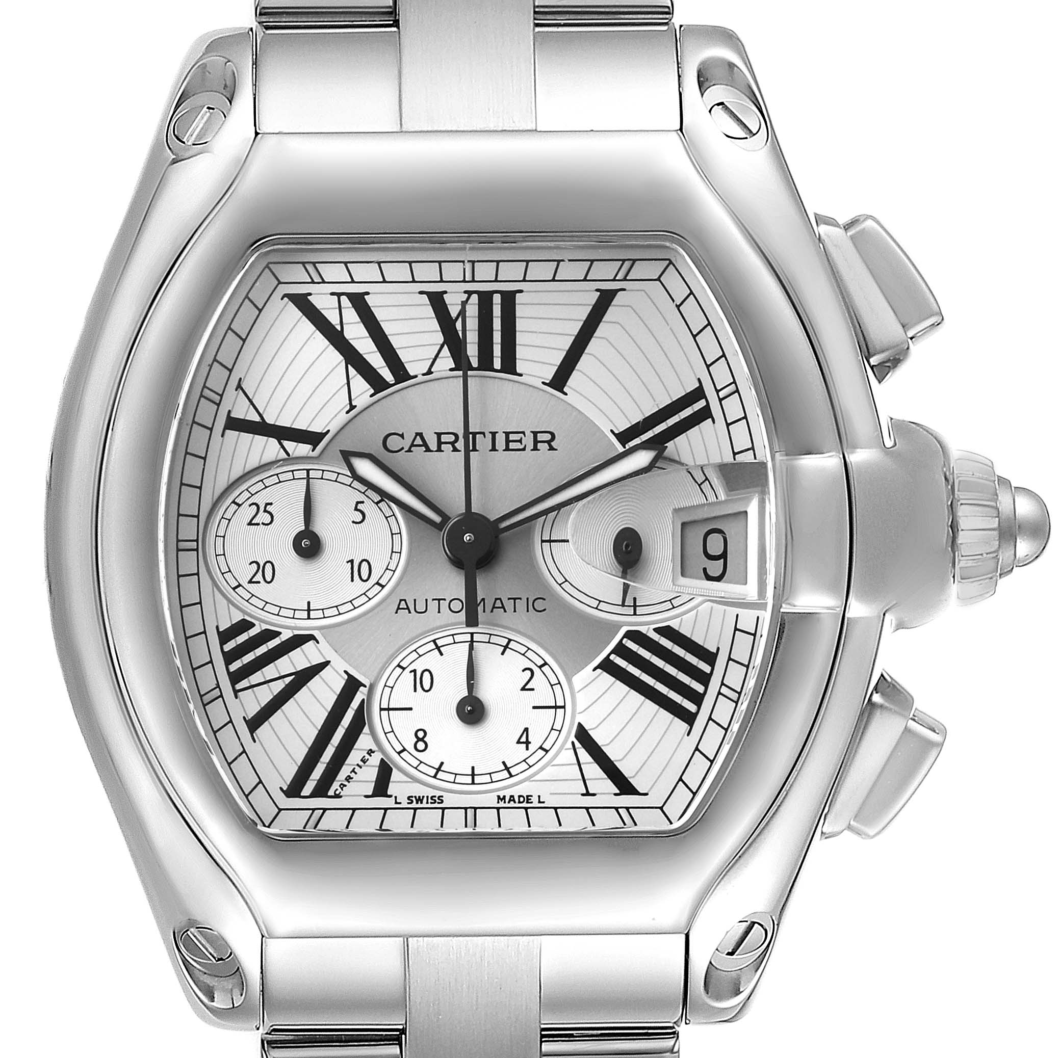 The Cartier Roadster W62019X6 Men's Stainless Steel Silver Dial watch is shown from a top-down angle, highlighting its dial, crown, and pushers.