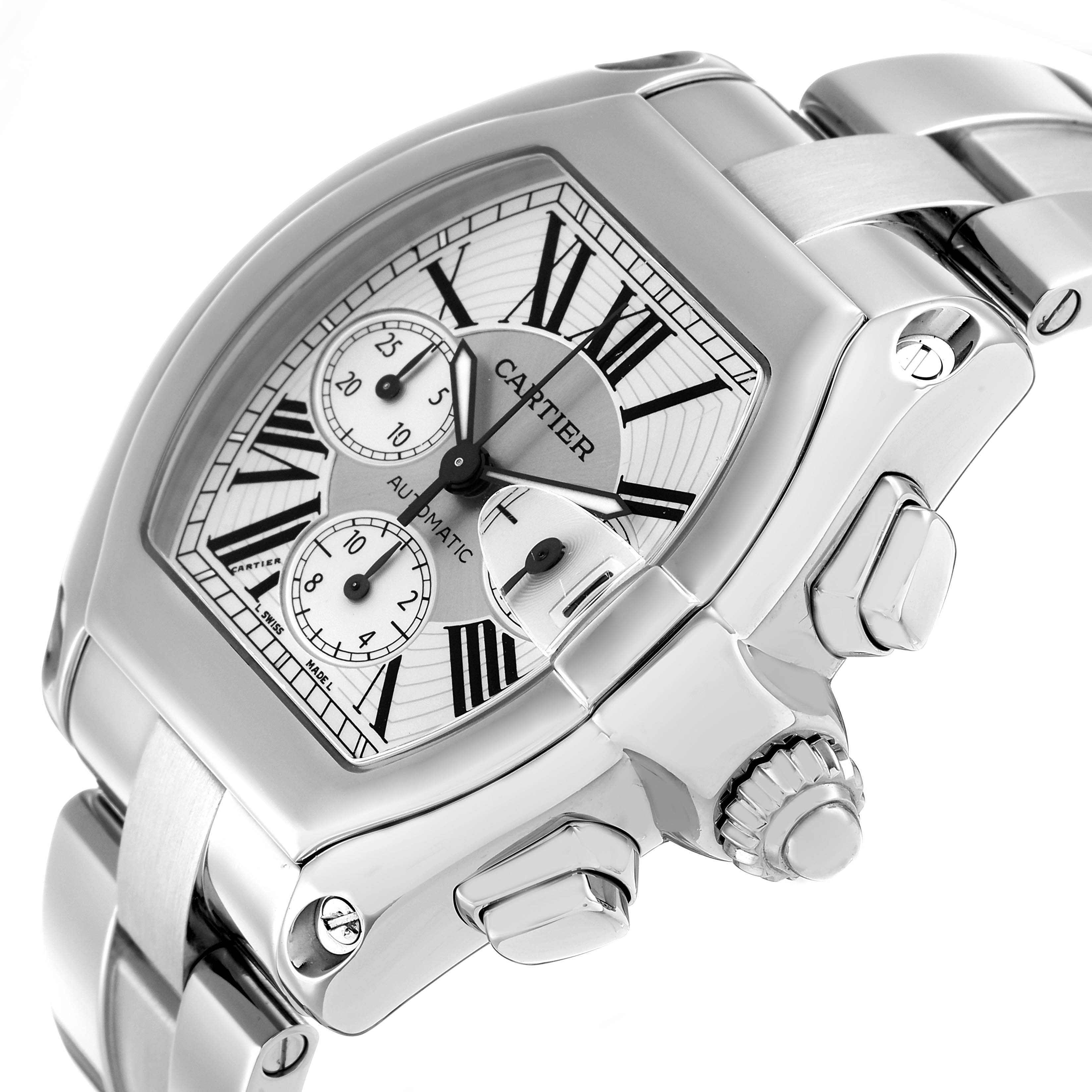 The Cartier Roadster W62019X6 Men's Stainless Steel Silver Dial watch is shown from a 3/4 angle, highlighting the dial, bezel, crown, and part of the bracelet.