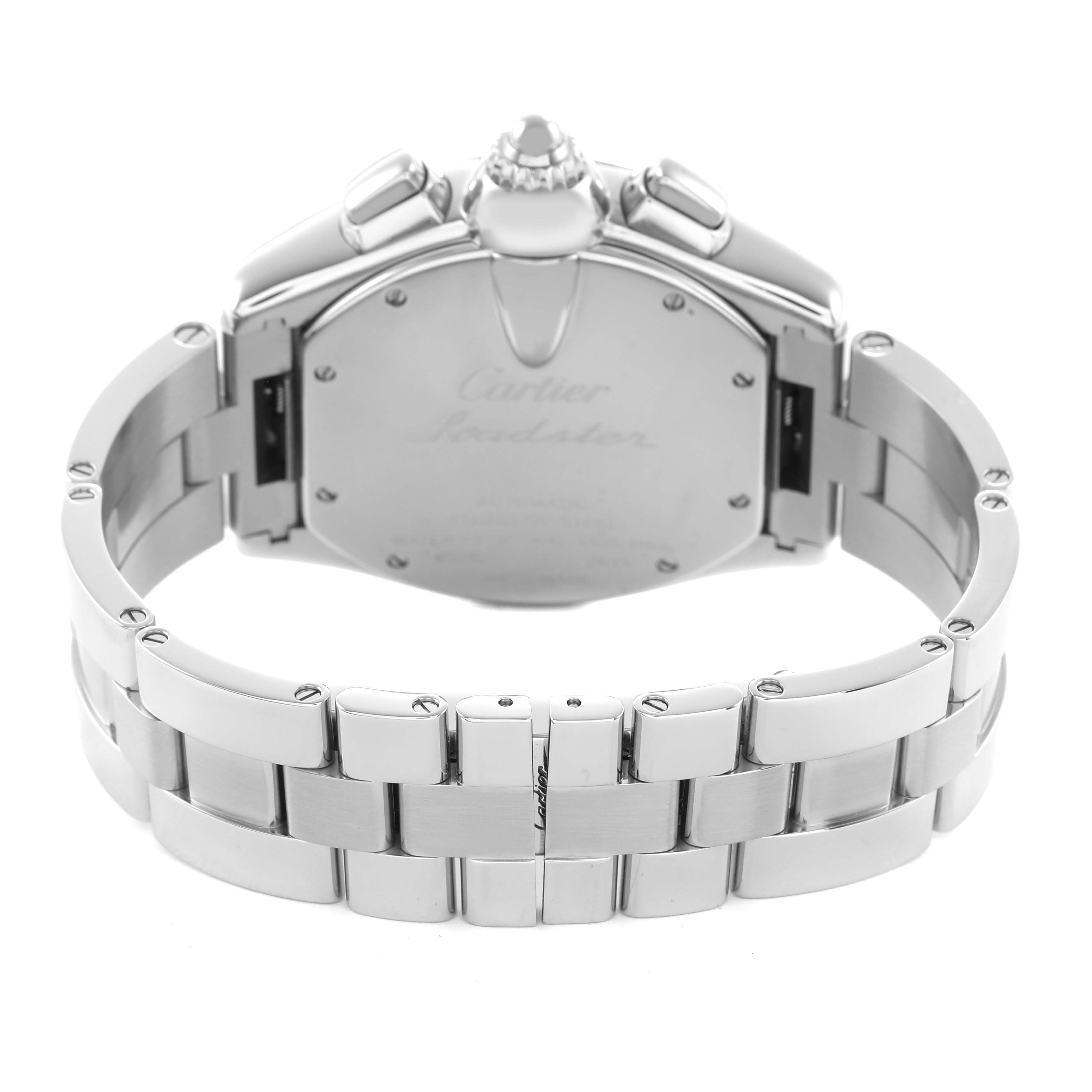 The Cartier Roadster W62019X6 Men's Stainless Steel Silver Dial watch is shown from the back angle, highlighting the case back and metal bracelet.