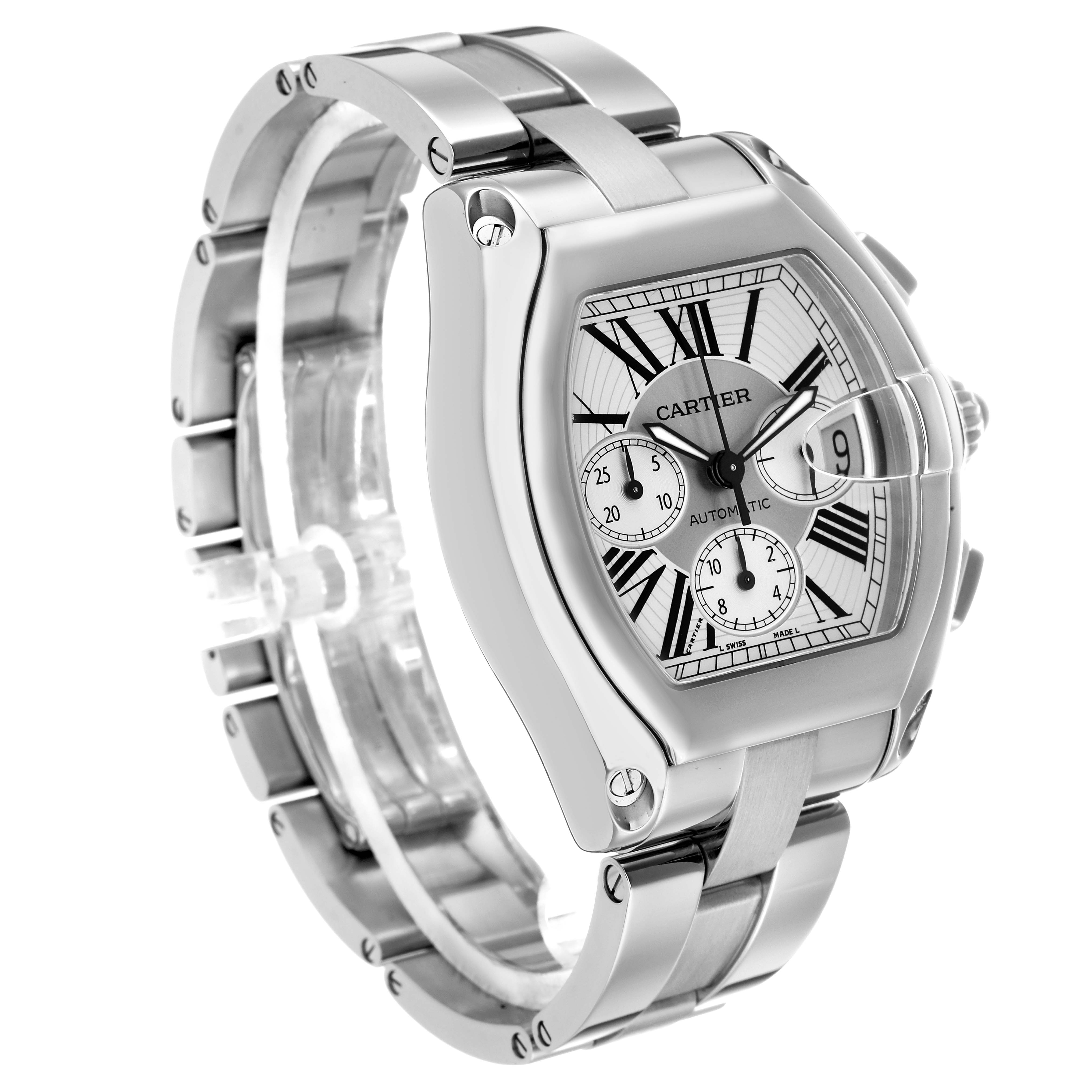 The Cartier Roadster W62019X6 Men's Stainless Steel Silver Dial watch is shown at a three-quarter angle, highlighting its face, lugs, and stainless steel bracelet.